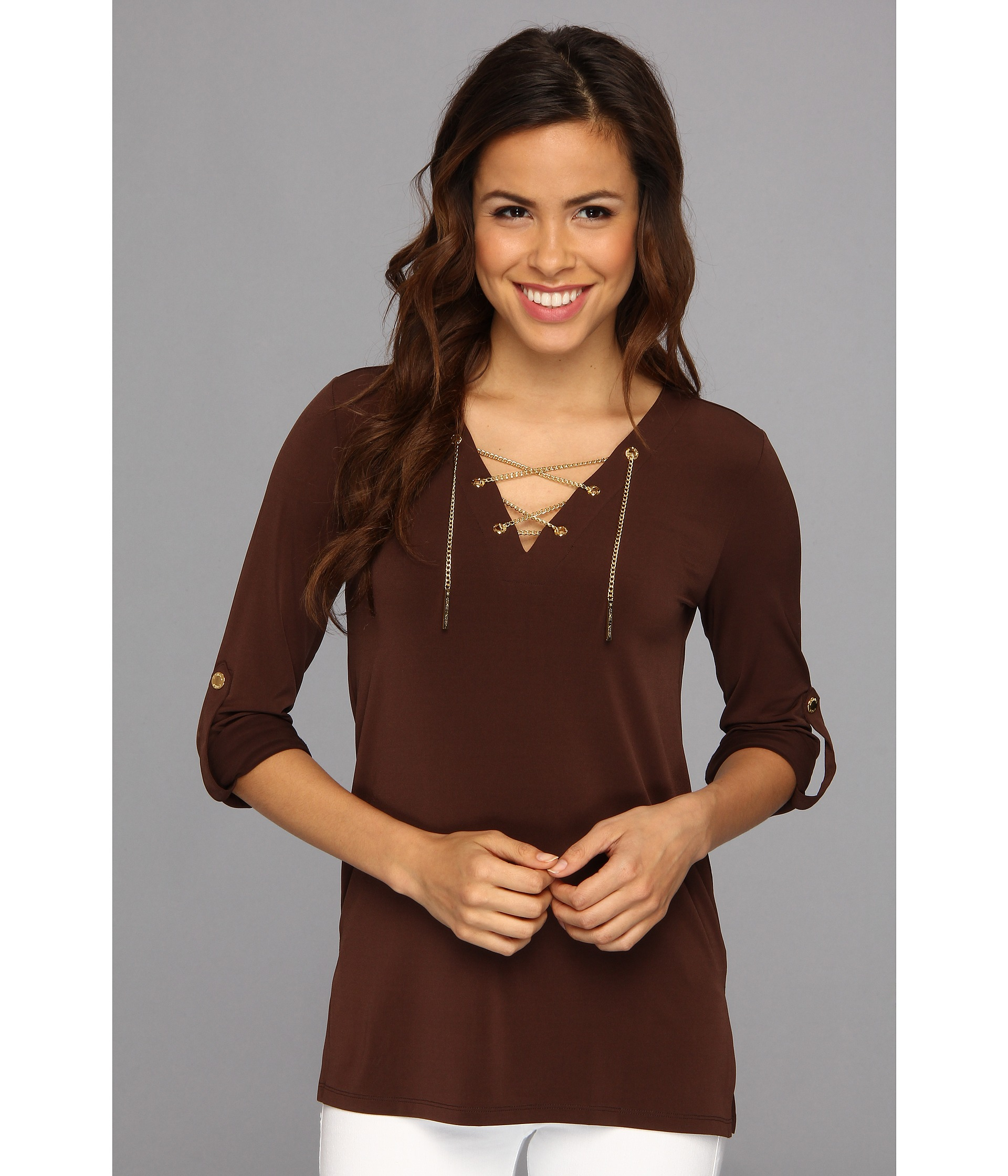 Michael Michael Kors Matte Jersey Chain Lace Up Tunic In Chocolate