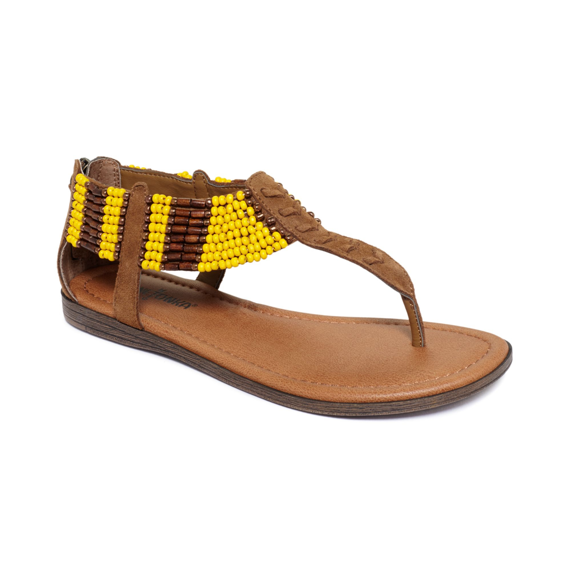 Minnetonka Ibiza Flat Thong Sandals in Brown (Dusty Brown/Yellow) | Lyst