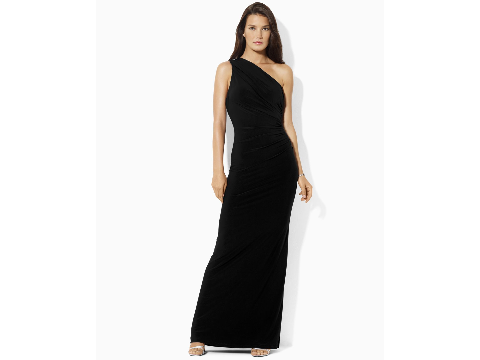 Ralph Lauren Lauren One Shoulder Broach Gown in Black | Lyst