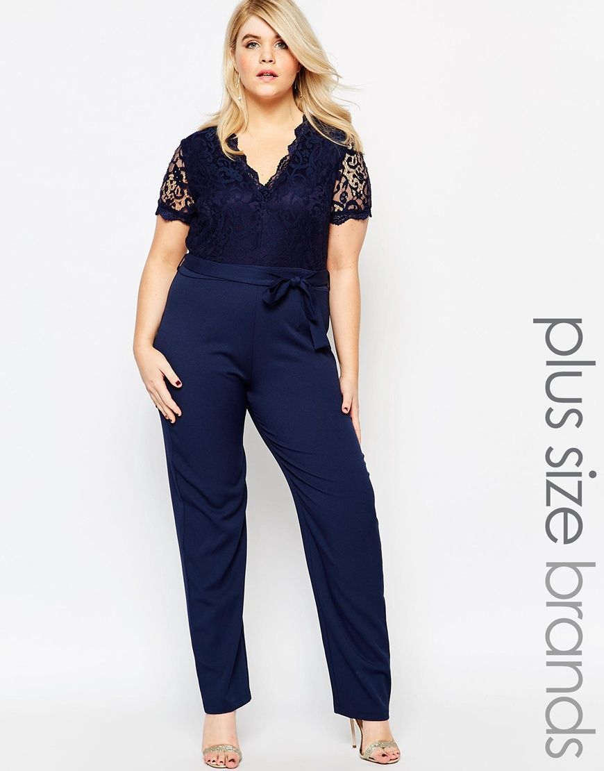 Club L Plus Size Jumpsuit With Scallop Lace Top in Navy (Blue) - Lyst