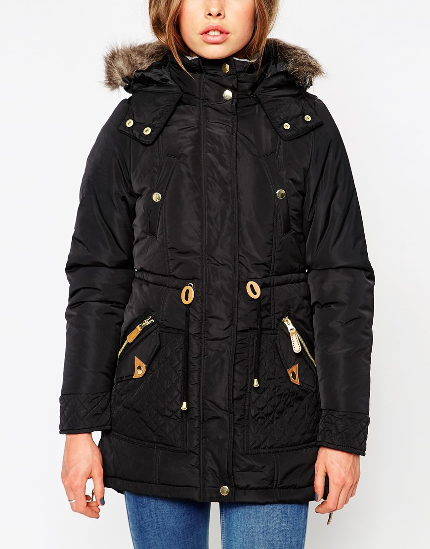 Vero moda Parka Jacket With Faux Fur Hood & Drawstring Waist in Black