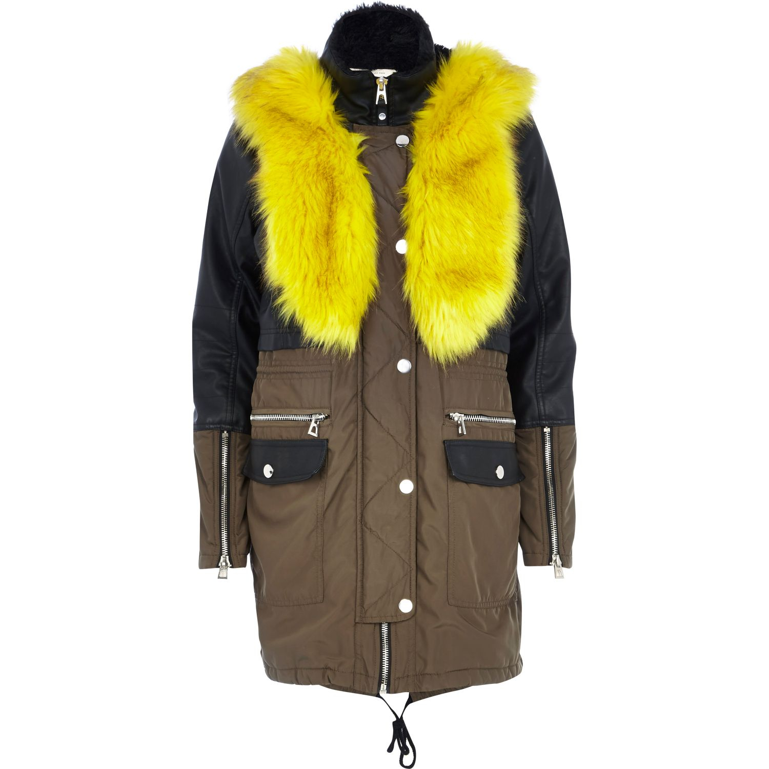 River Island Khaki Leather Look Panel Parka Jacket In Natural Lyst Gallery