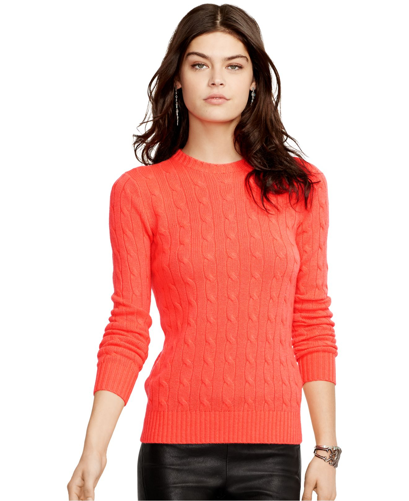 Polo Ralph Lauren Crew-Neck Cable-Knit Cashmere Sweater in Coral (Pink ...