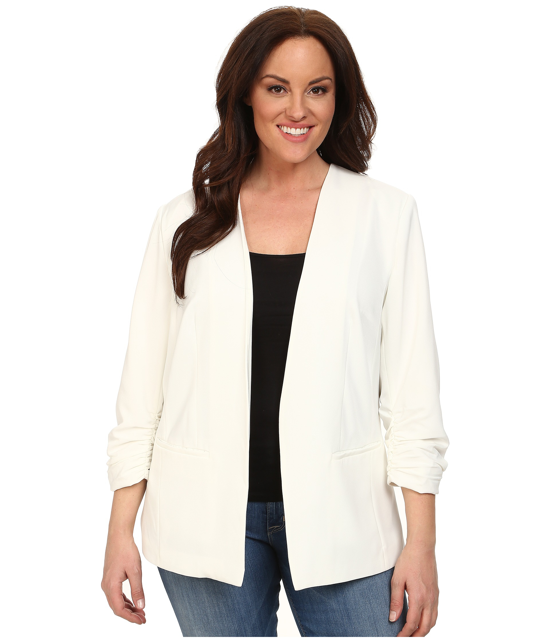 Dkny Plus Size Open Front Ruched Sleeve Blazer in White (Ivory) | Lyst