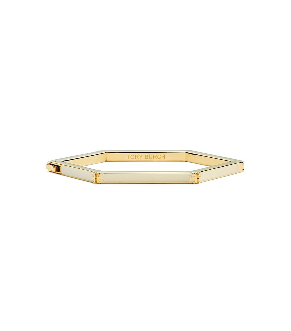 Tory Burch Hex-logo Enamel Hinged Bracelet in Ivory/Shiny Gold 