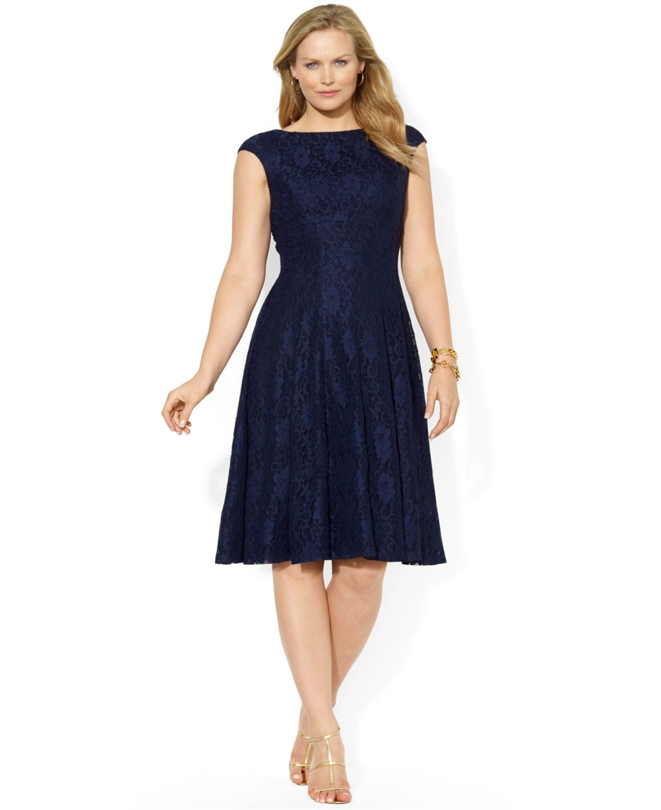 Lauren by Ralph Lauren Plus Size Cap-Sleeve A-Line Lace Dress in Blue | Lyst