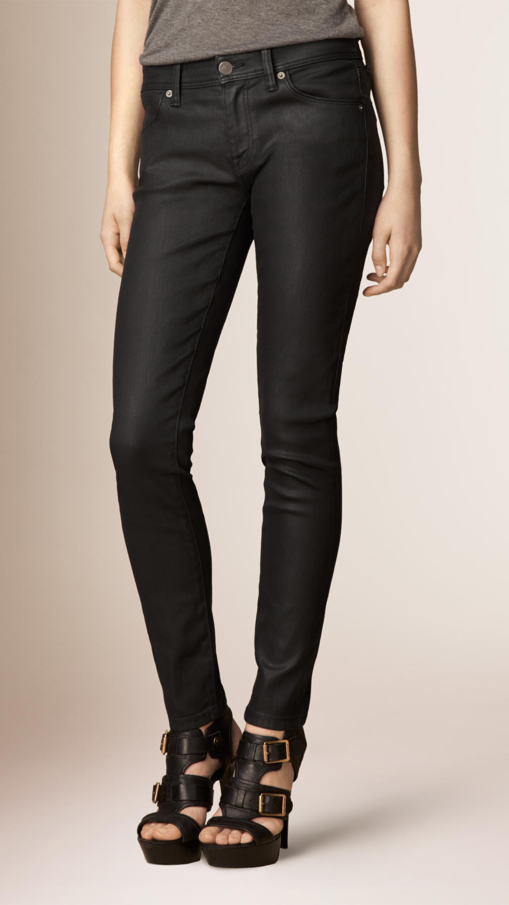 Burberry Skinny Fit Low Rise Wax Coated Jeans In Black Lyst