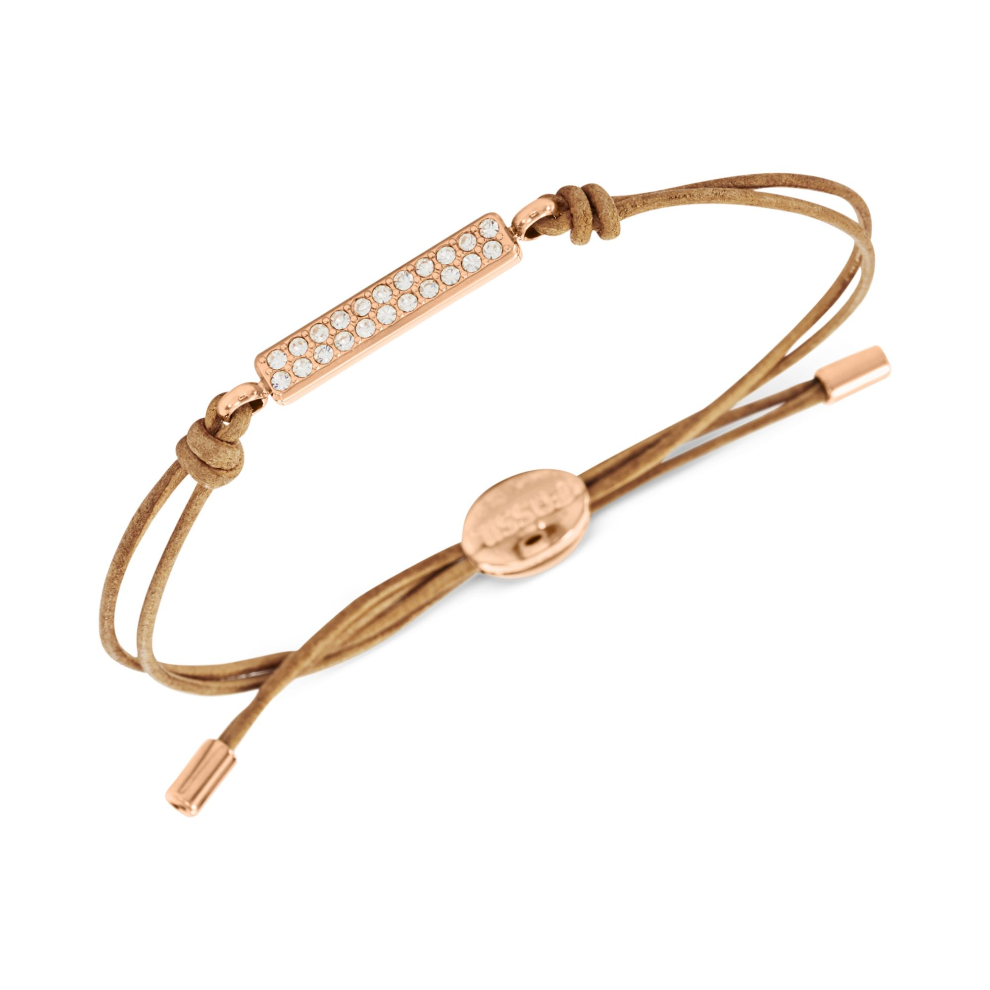 Lyst Fossil Rose Goldtone and Leather Crystal Bar Adjustable Bracelet