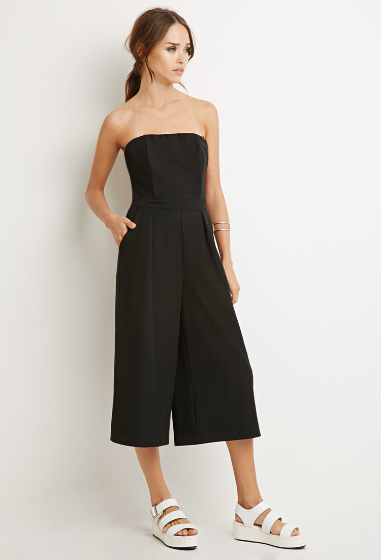 black strapless jumpsuit wide leg