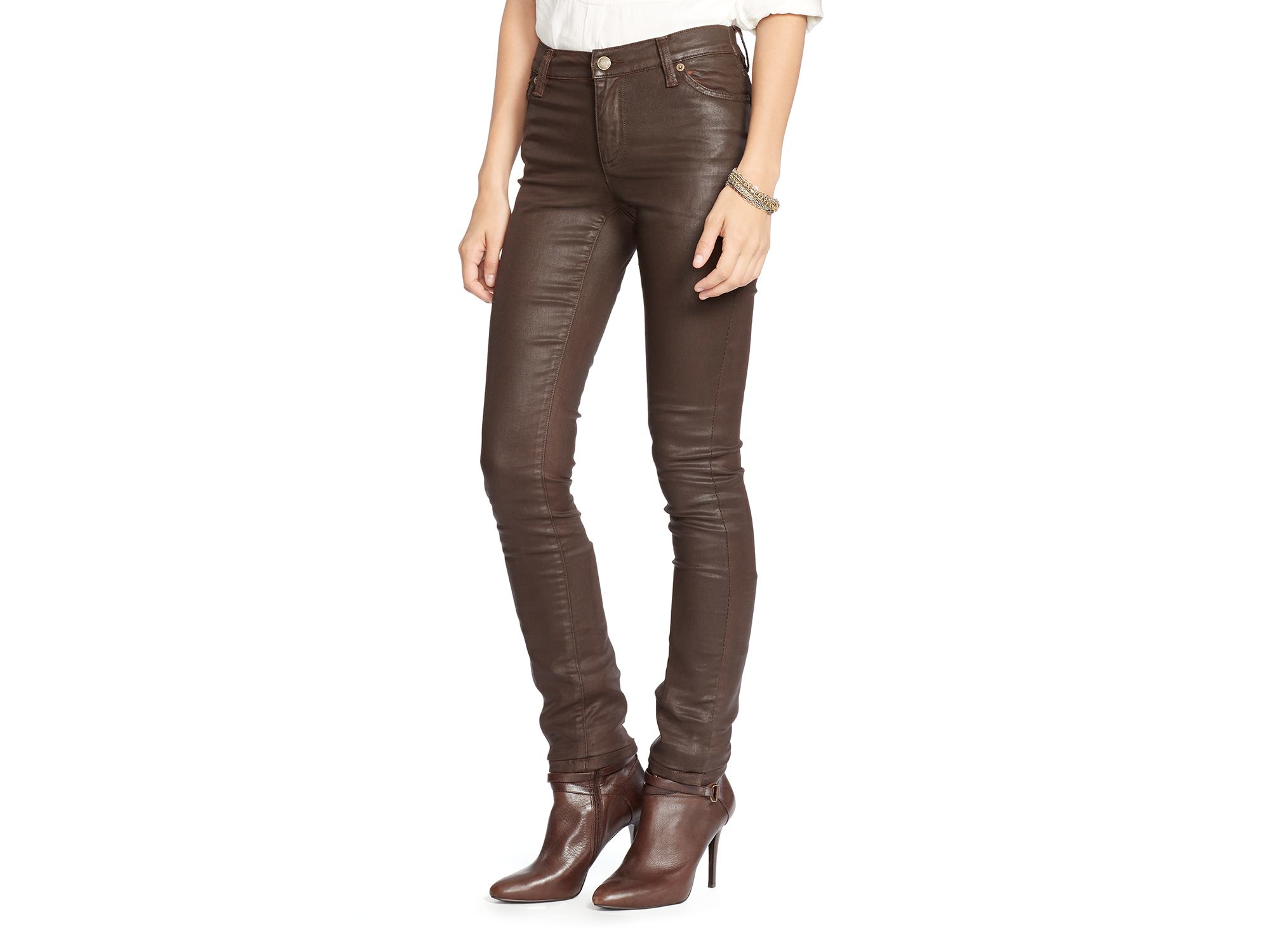 Lauren by Ralph Lauren Coated Skinny Jeans in Brown | Lyst