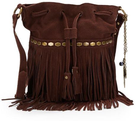 Lucky Brand Nirvana Suede Fringed Drawstring Crossbody Bag in Brown ...