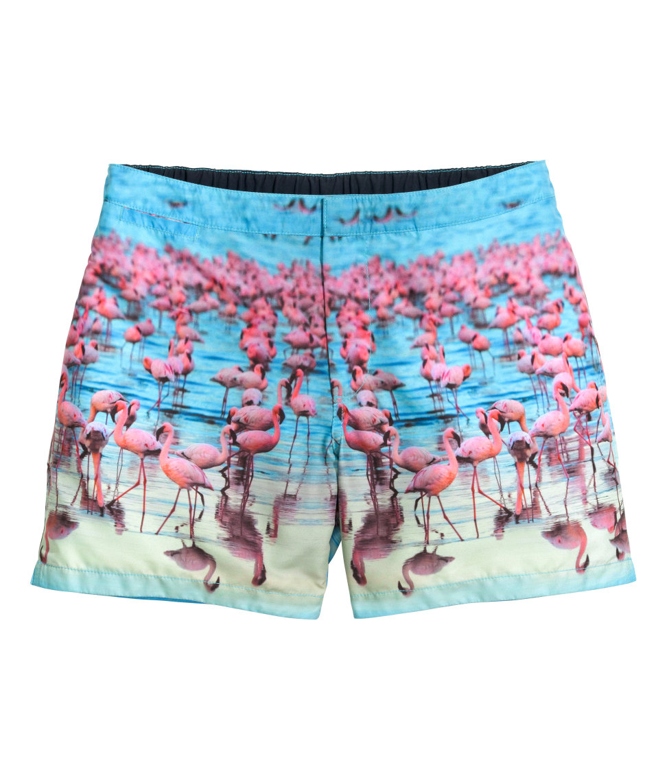 patterned swim trunks
