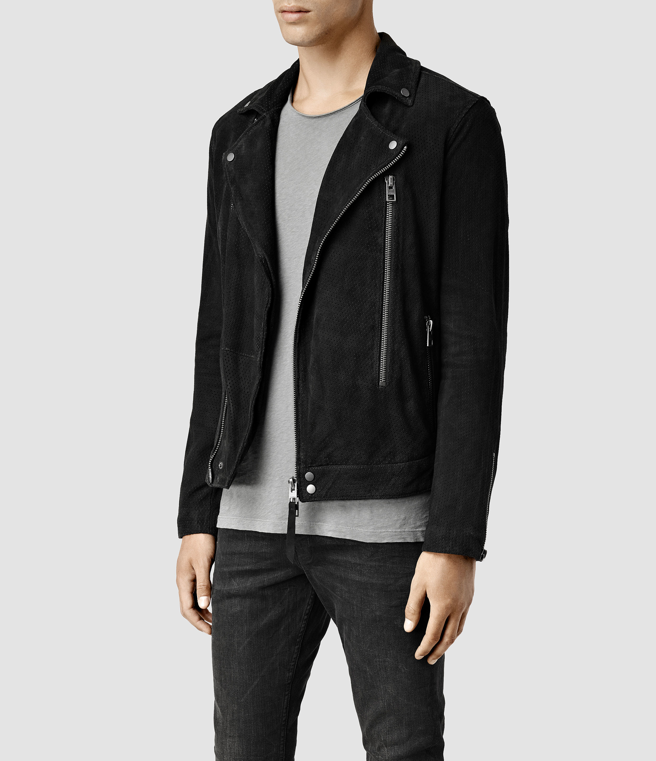 AllSaints Geo Suede Biker Jacket in Black for Men Lyst UK