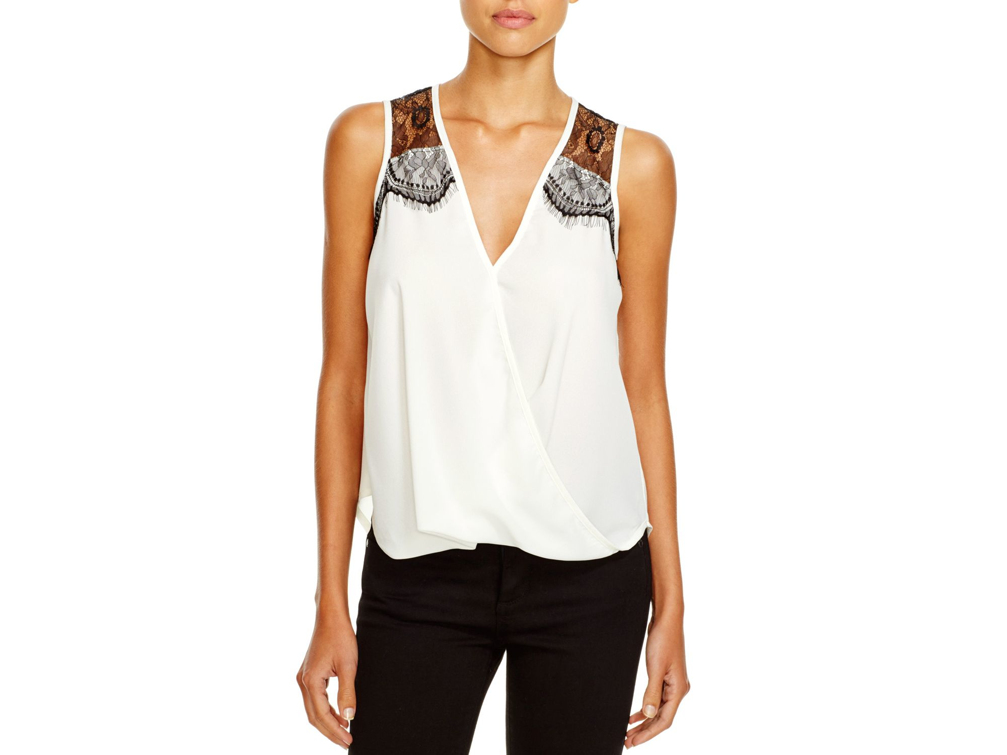 Aqua Lace Trim Faux Wrap Top in White | Lyst