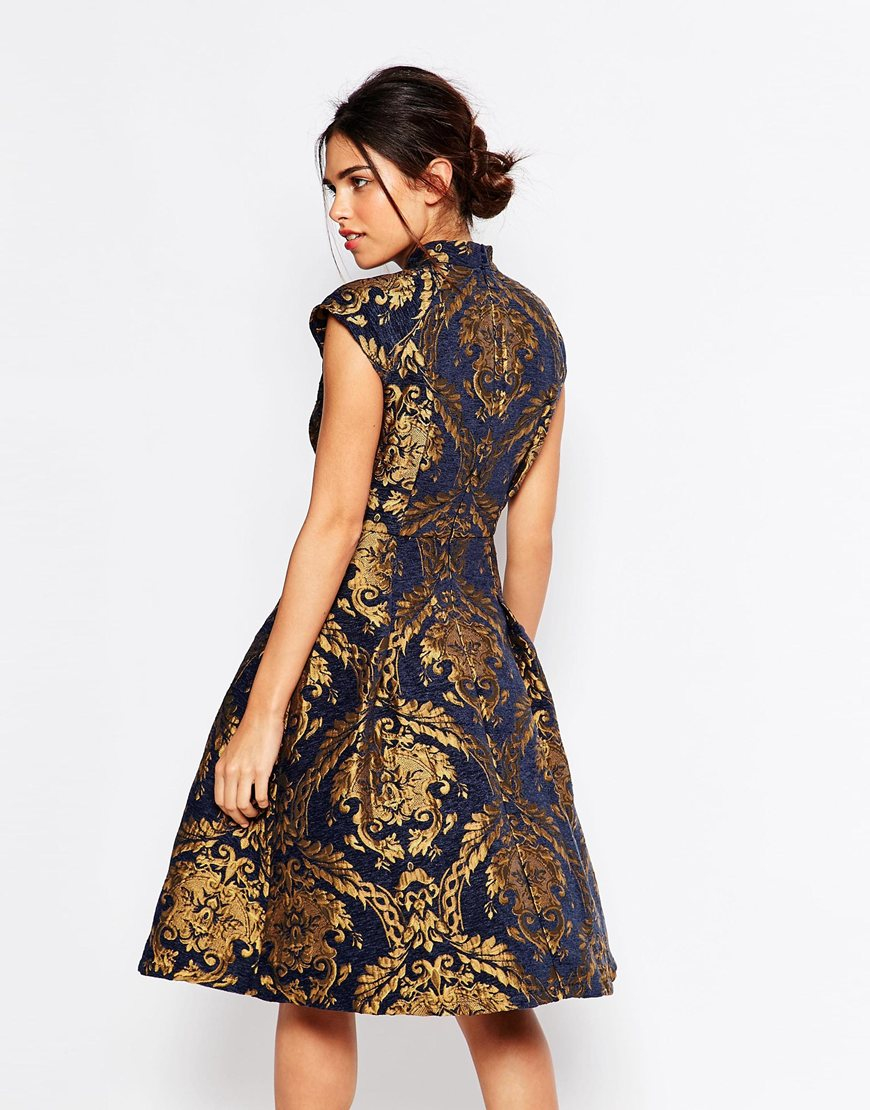 Chi Chi London High Neck Structured Skater Dress In Baroque Print in Blue |  Lyst