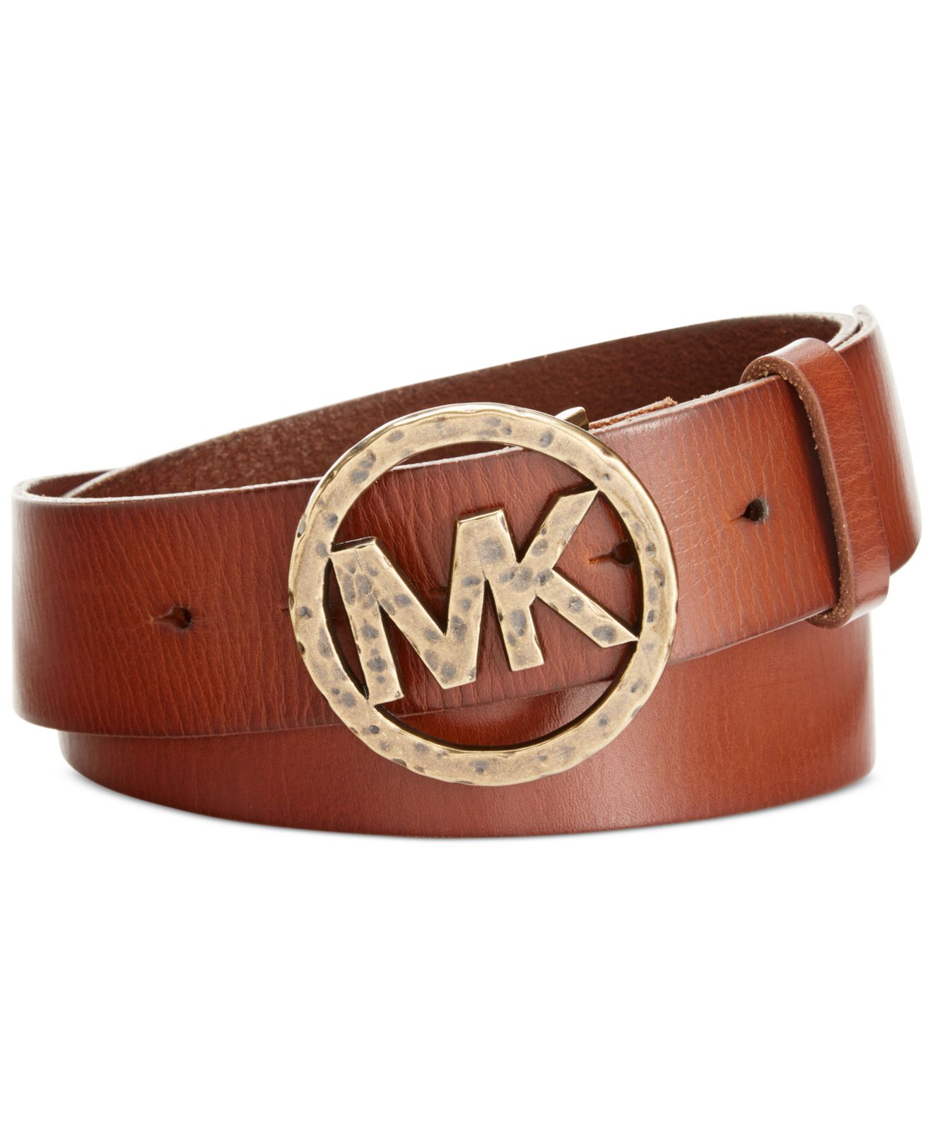 Michael kors Michael Hammered Mk Logo Buckle Belt in Brown | Lyst