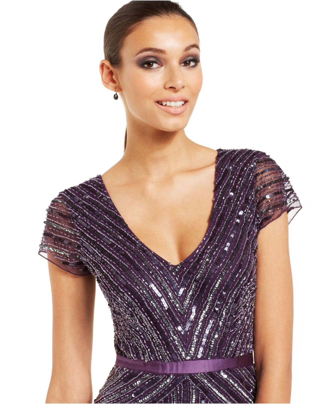 Adrianna Papell Adrianna Petite Papell Cap-Sleeve Sequined Gown in Purple |  Lyst