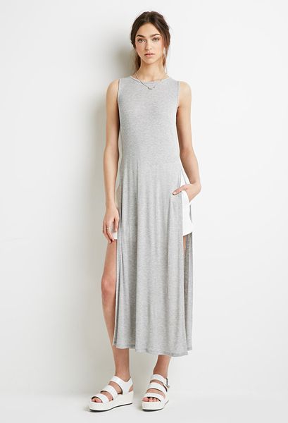 Forever 21 High-Slit Ribbed Maxi Dress in Gray (Grey) Forever 21 High-Slit Ribbed Maxi Dress in Gray (Grey)