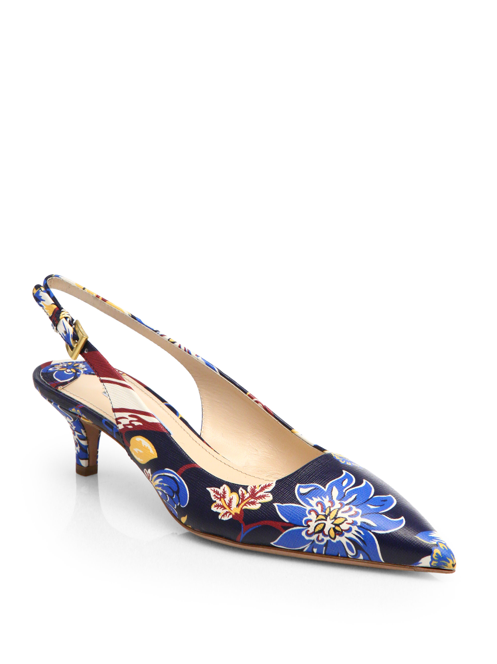 Lyst - Prada Floral-Print Leather Slingback Pumps
