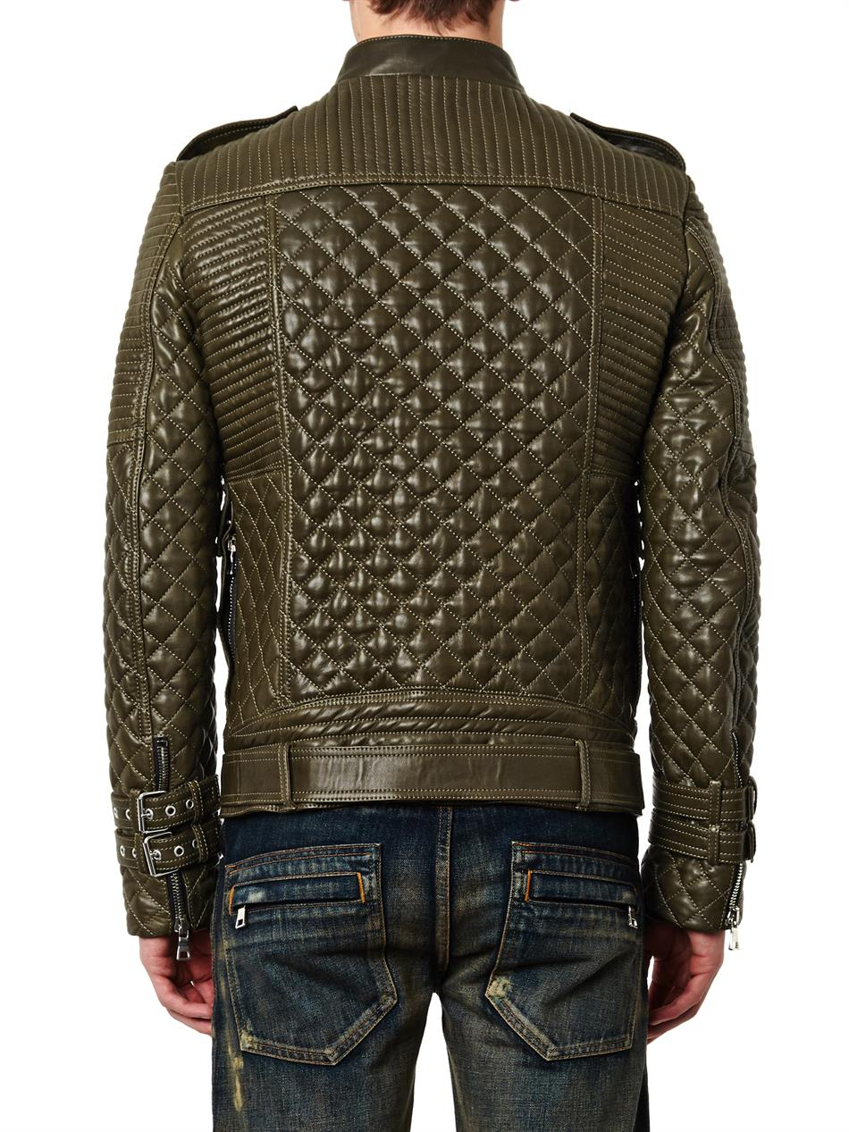 Balmain Quilted Leather Biker Jacket in Green for Men | Lyst UK