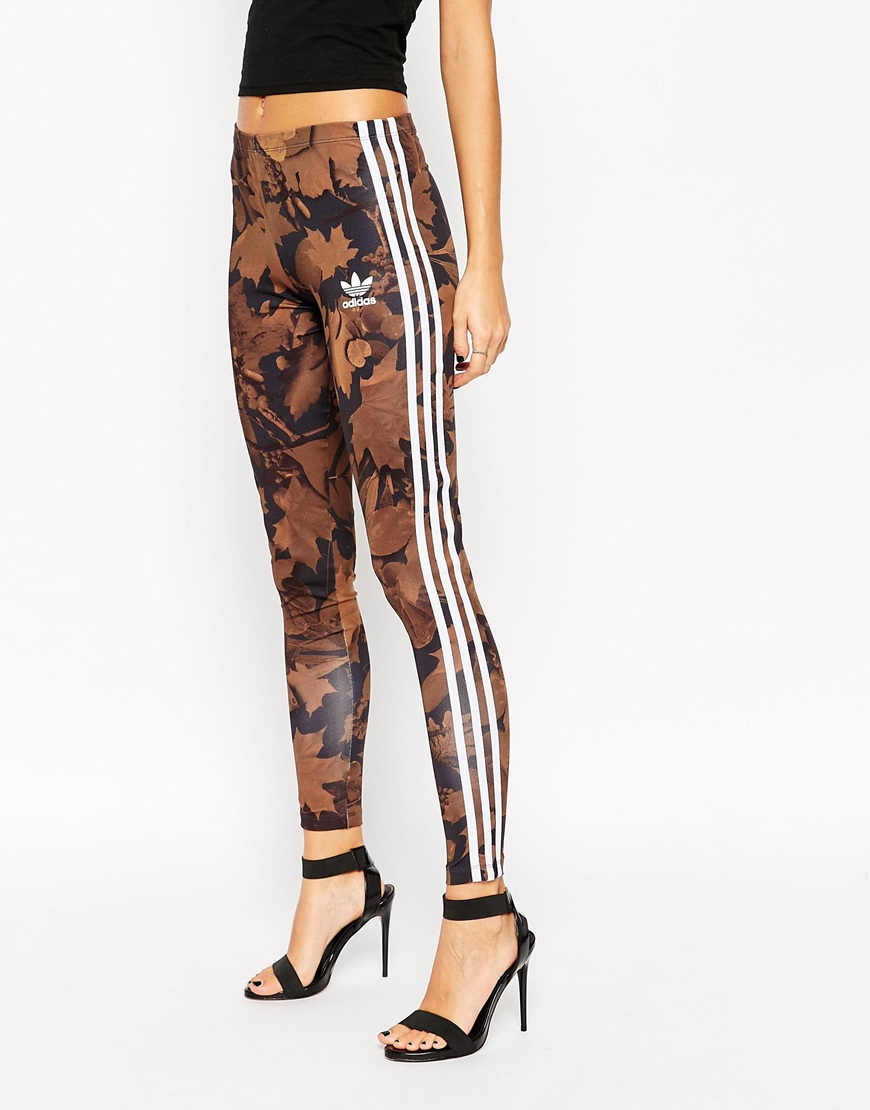adidas Leggings In All Over Camo Leaf Print With 3 Stripes - Lyst