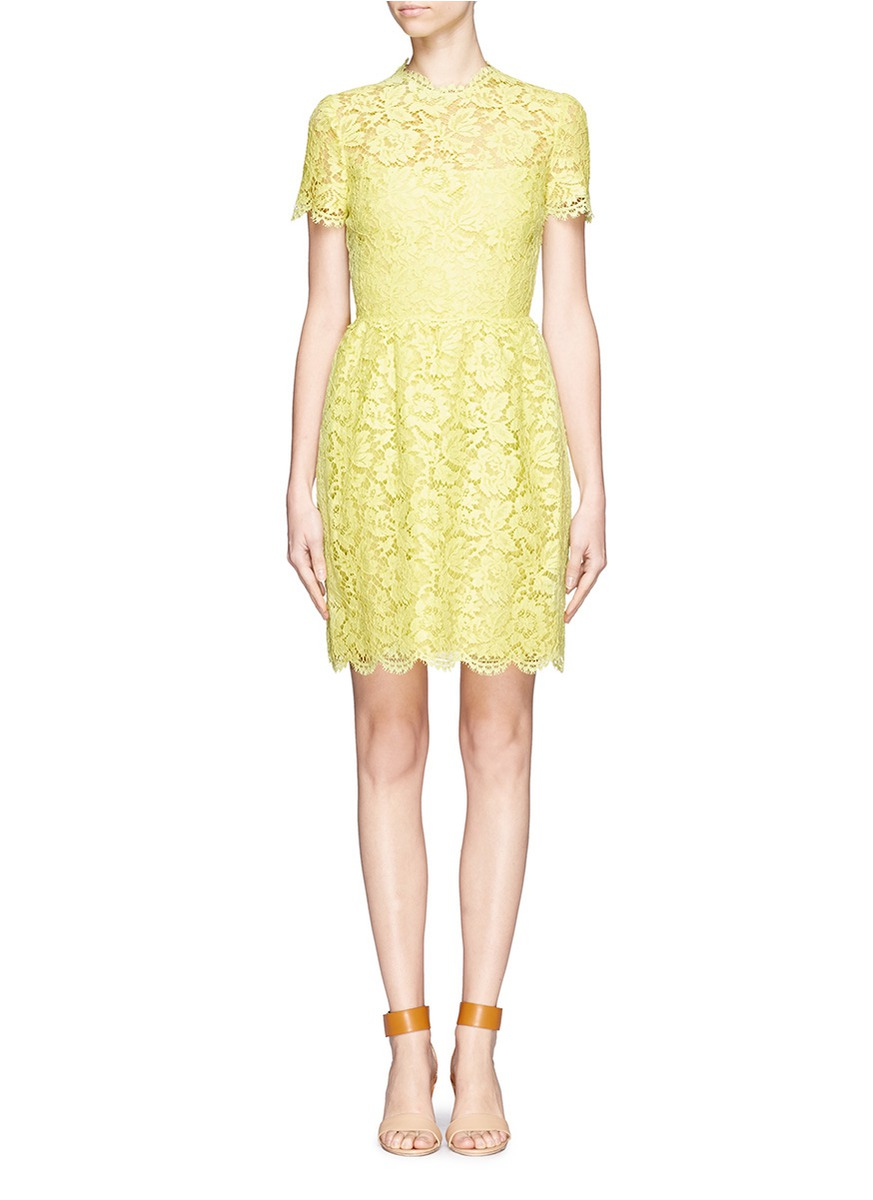 Valentino Lace Overlay Pleated Front Dress in Yellow - Lyst