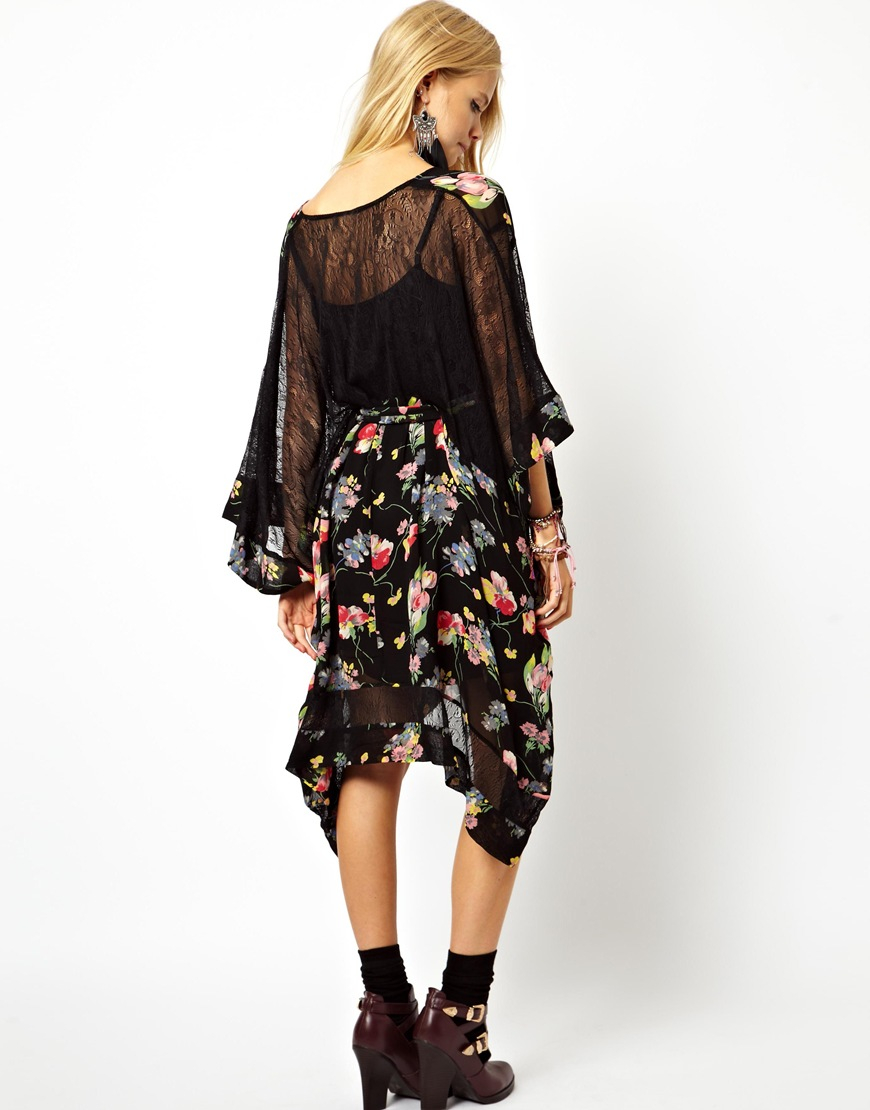 ASOS Lace And Floral Kimono Dress in Black Lyst