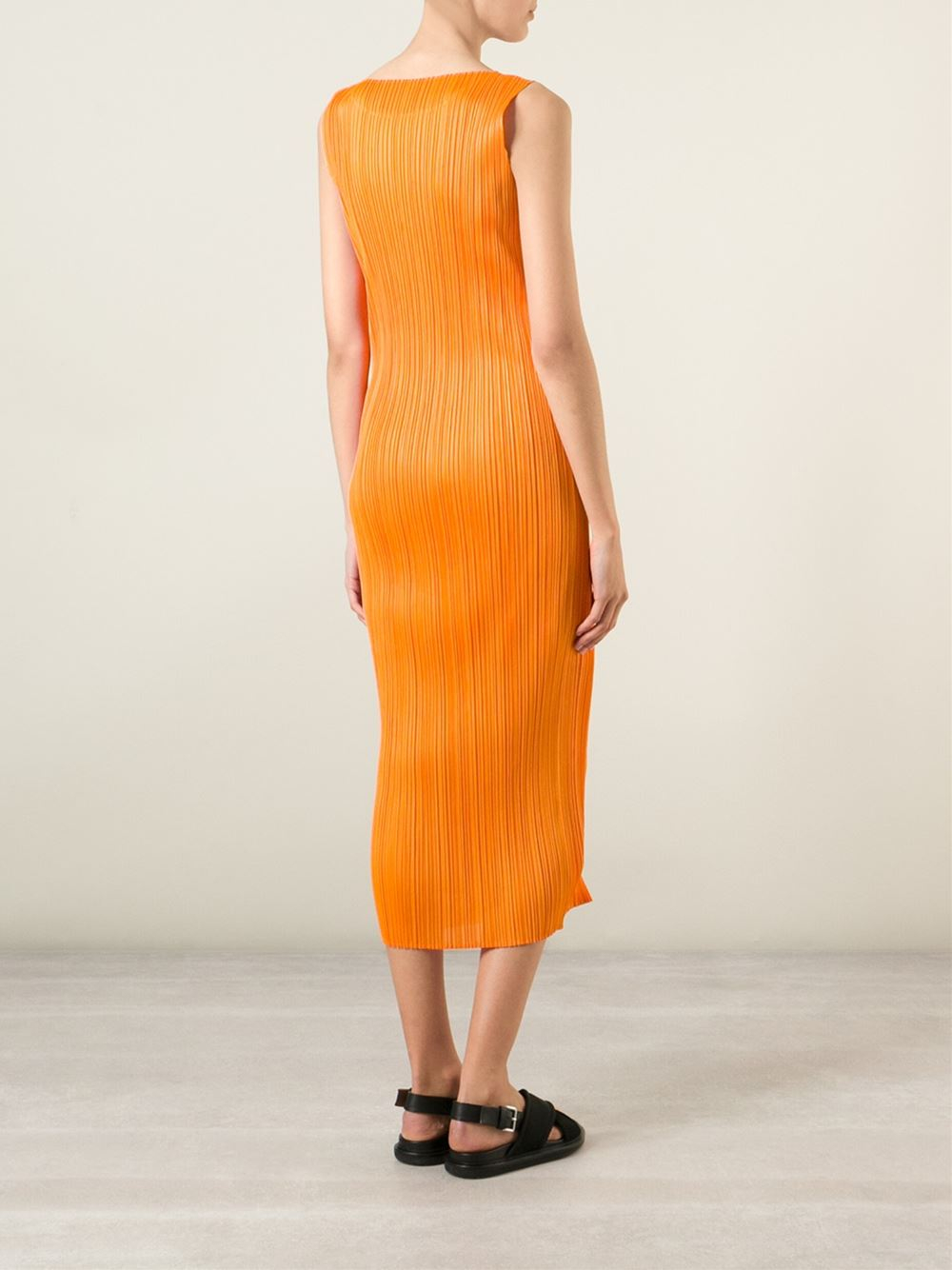 Pleats Please Issey Miyake Sleeveless Pleated Dress in Orange | Lyst