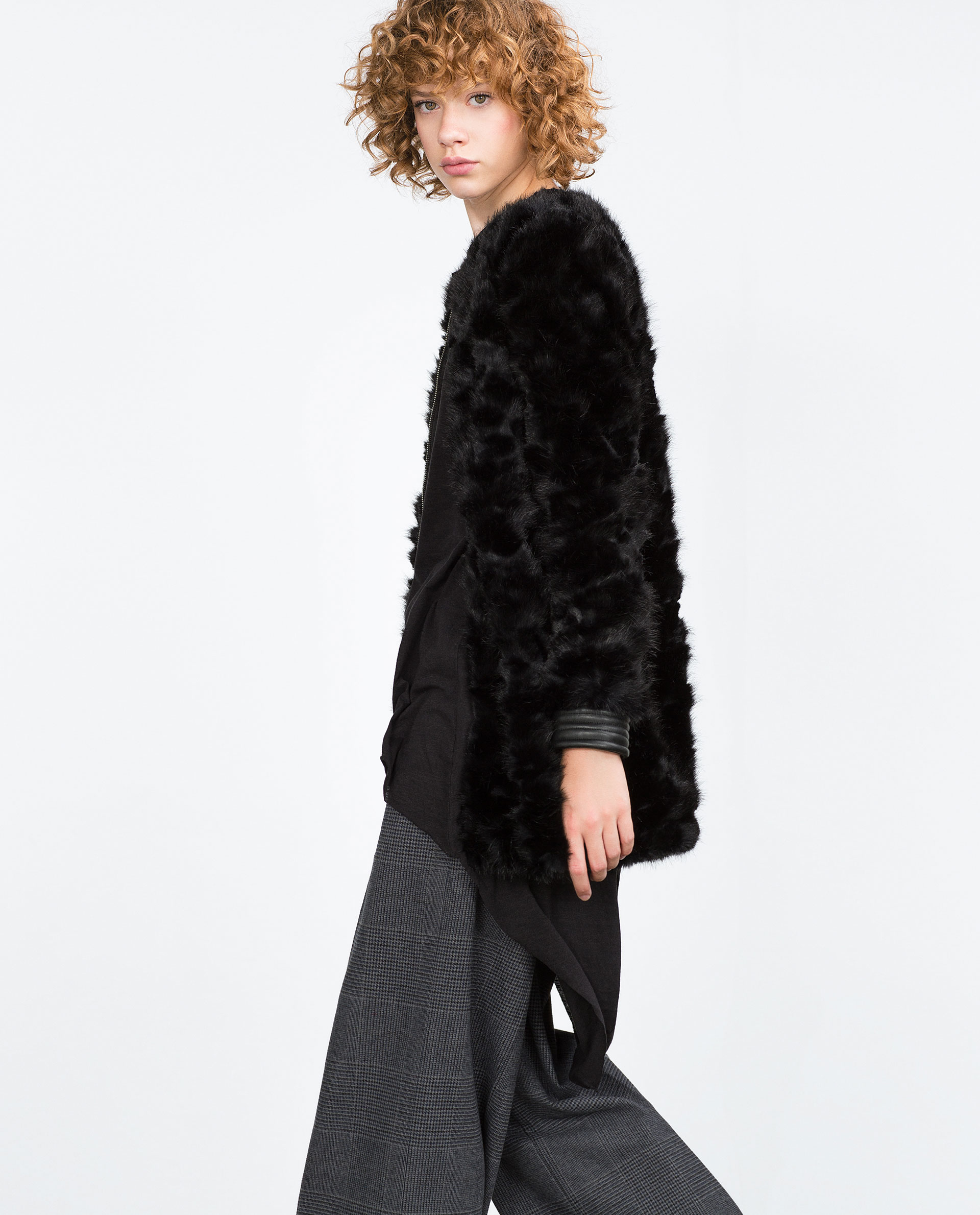 zara faux fur black coat