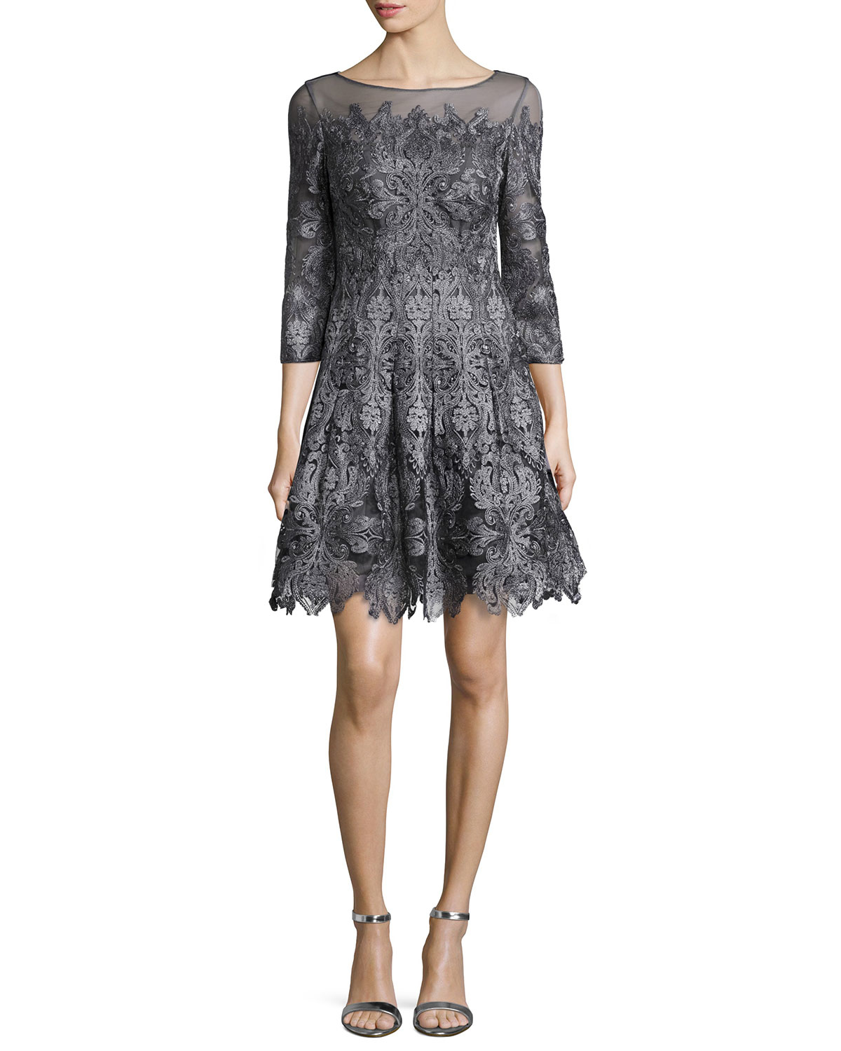 Lyst Kay Unger 3/4sleeve Lace Aline Cocktail Dress in Gray