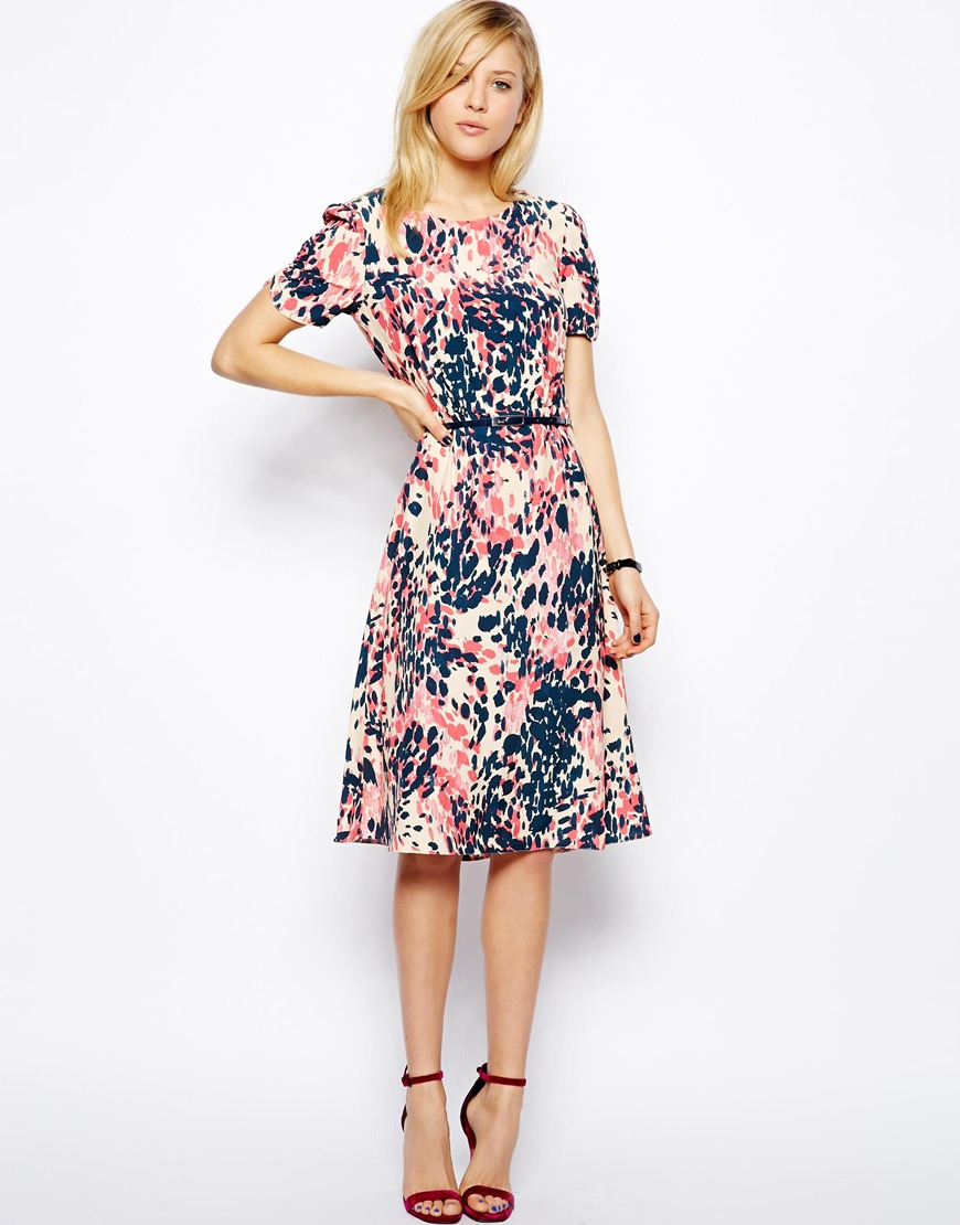Lyst - Asos Midi Dress In Animal Print With Belt in Pink