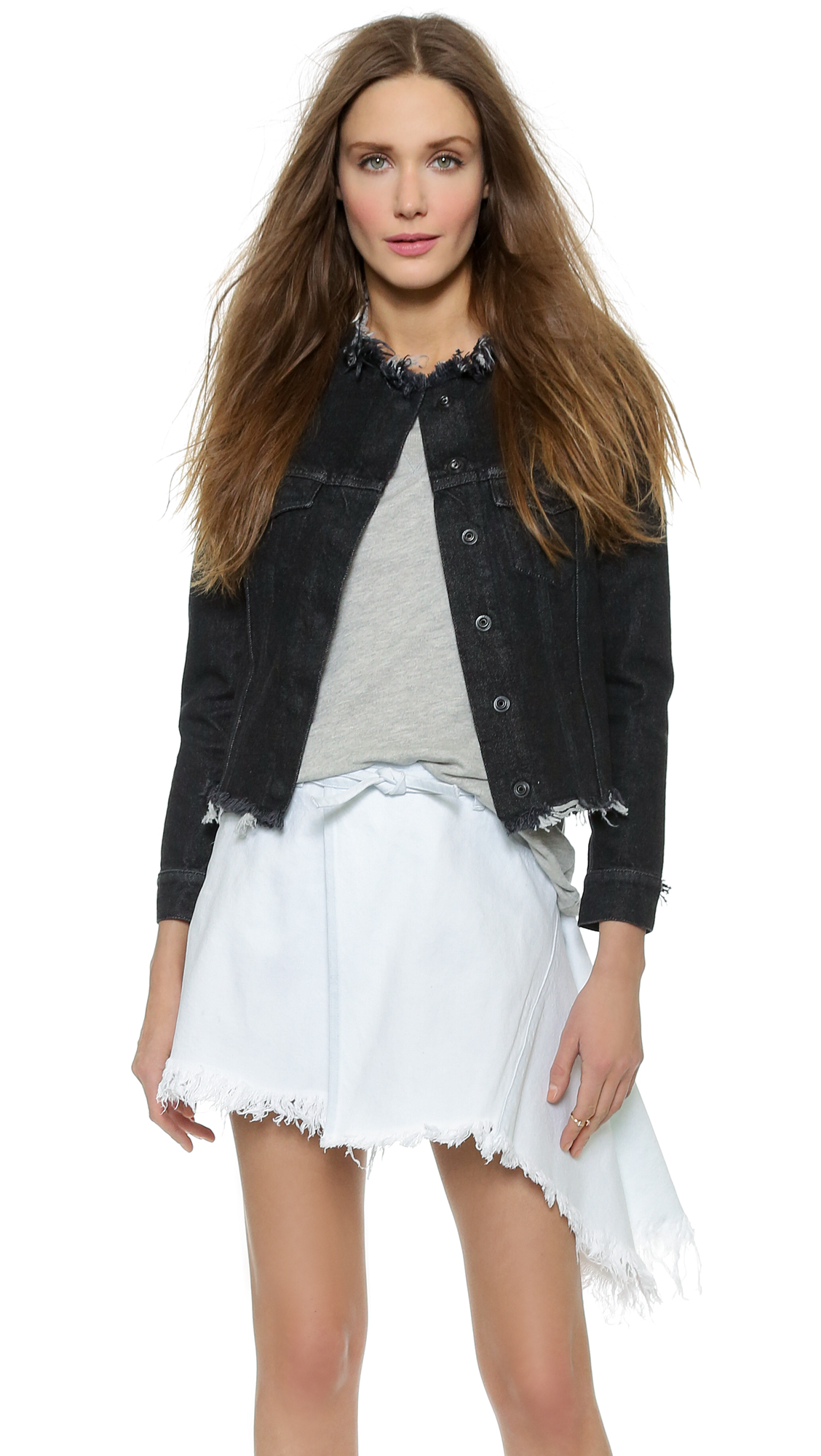 collarless black denim jacket