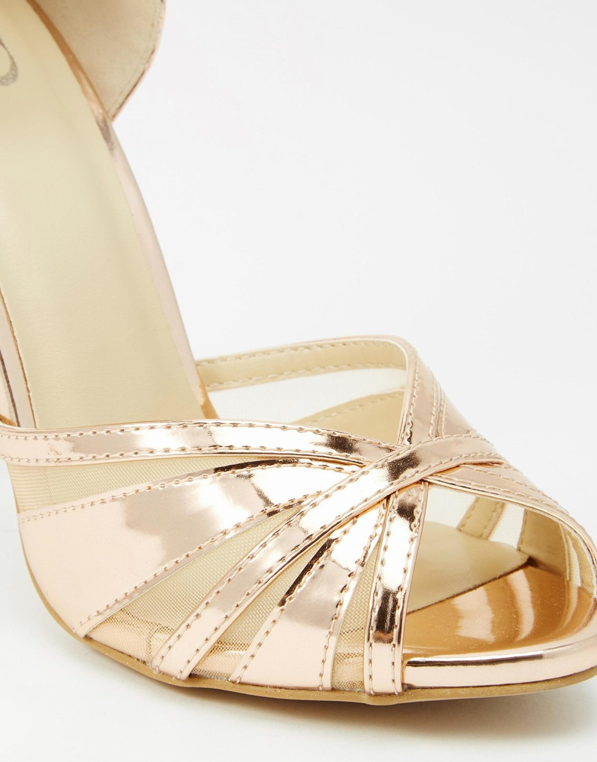 True Decadence Rose Gold Metallic Heeled Peep Toe Sandals | Lyst