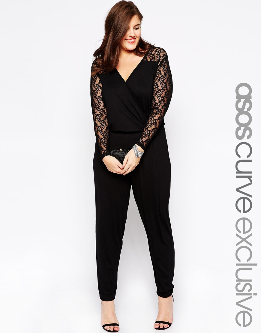 Asos Exclusive Wrap Jumpsuit With Lace Sleeves in Black | Lyst