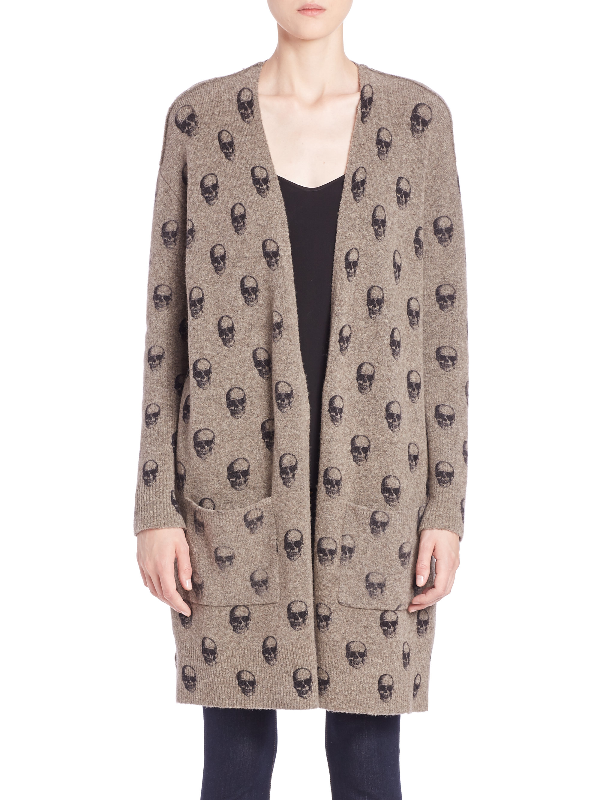 360cashmere Raven Skull-printed Long Cardigan in Black | Lyst