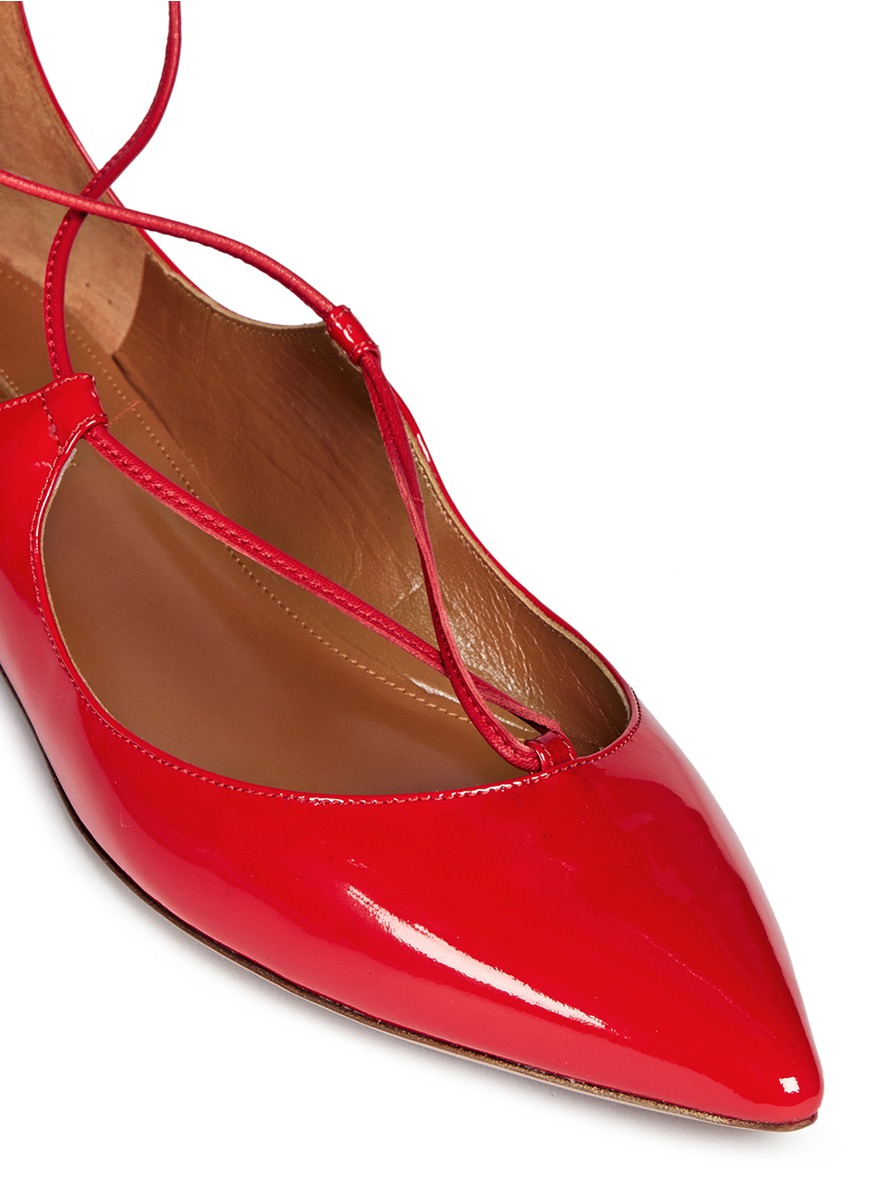 Aquazzura 'christy' Lace-up Patent Leather Flats in Red - Lyst