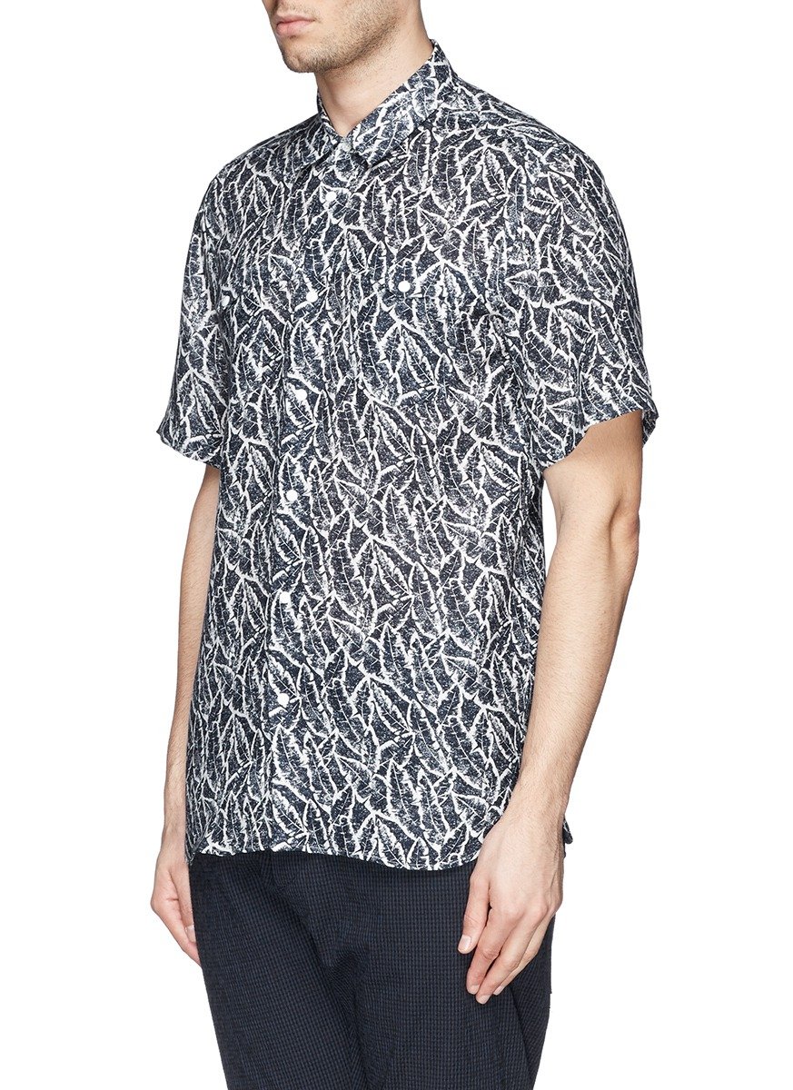 Mauro Grifoni Leaf Print Linen Cambric Shirt in Blue for Men - Lyst