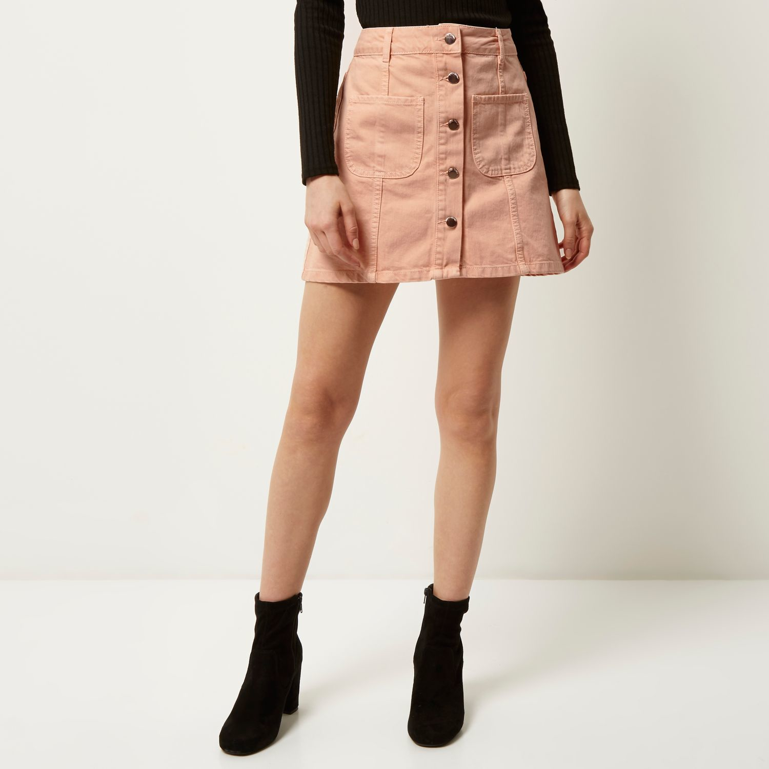 River island Pink Denim Button-up A-line Skirt in Pink | Lyst