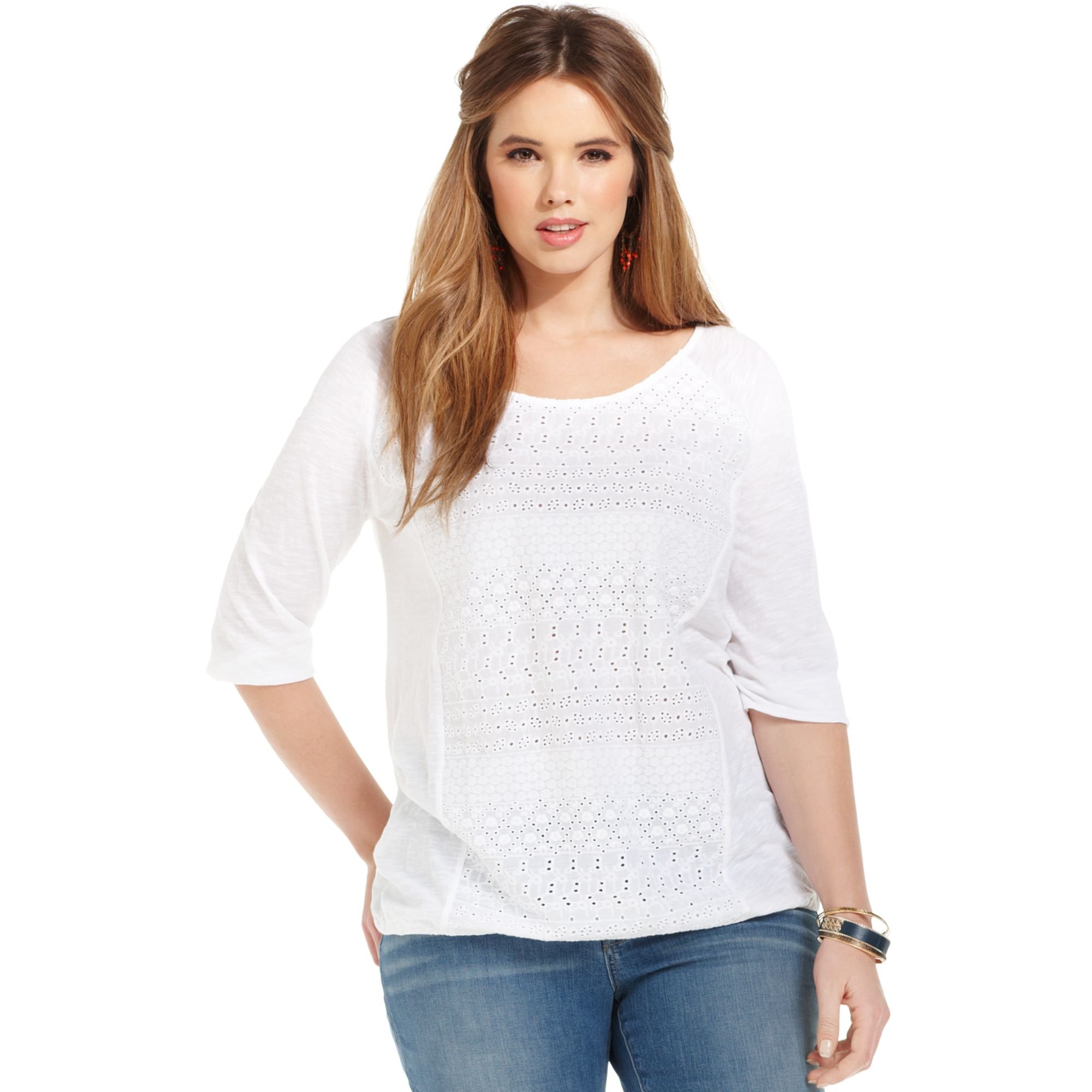 Lucky Brand Plus Size Threequartersleeve Eyelet Top in White | Lyst