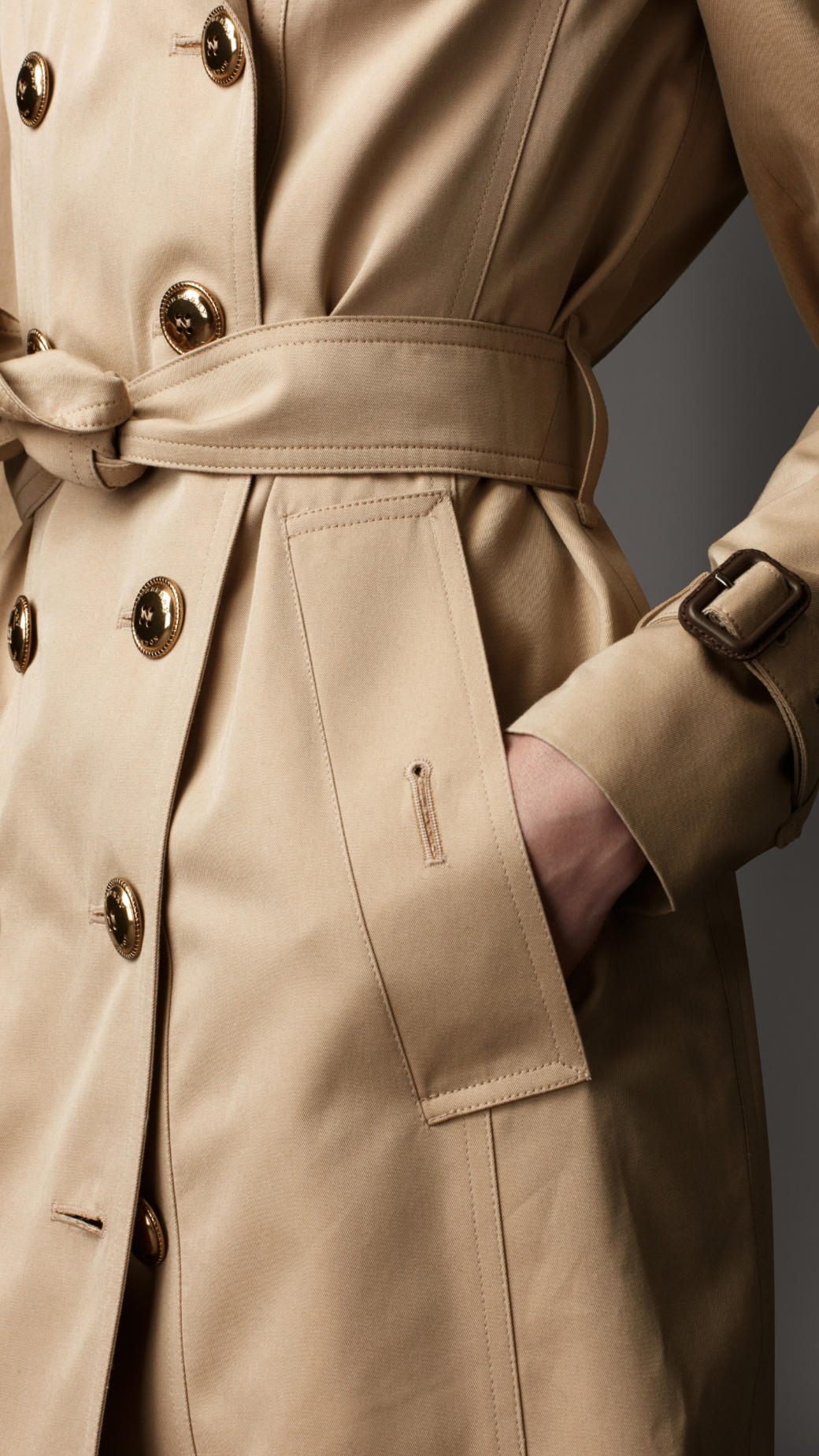 Burberry Long Leather Detail Gabardine Trench Coat in Honey (Natural