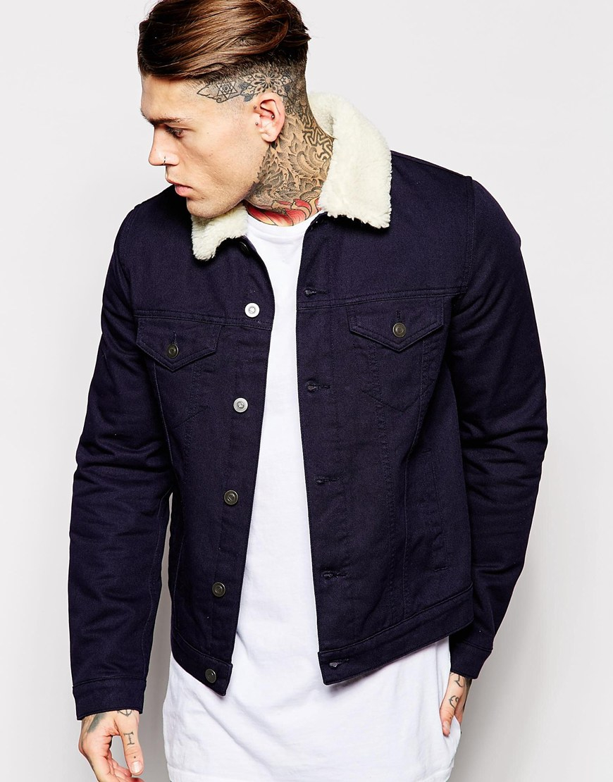 ASOS Denim Jacket With Borg Collar In Navy in Blue for Men - Lyst