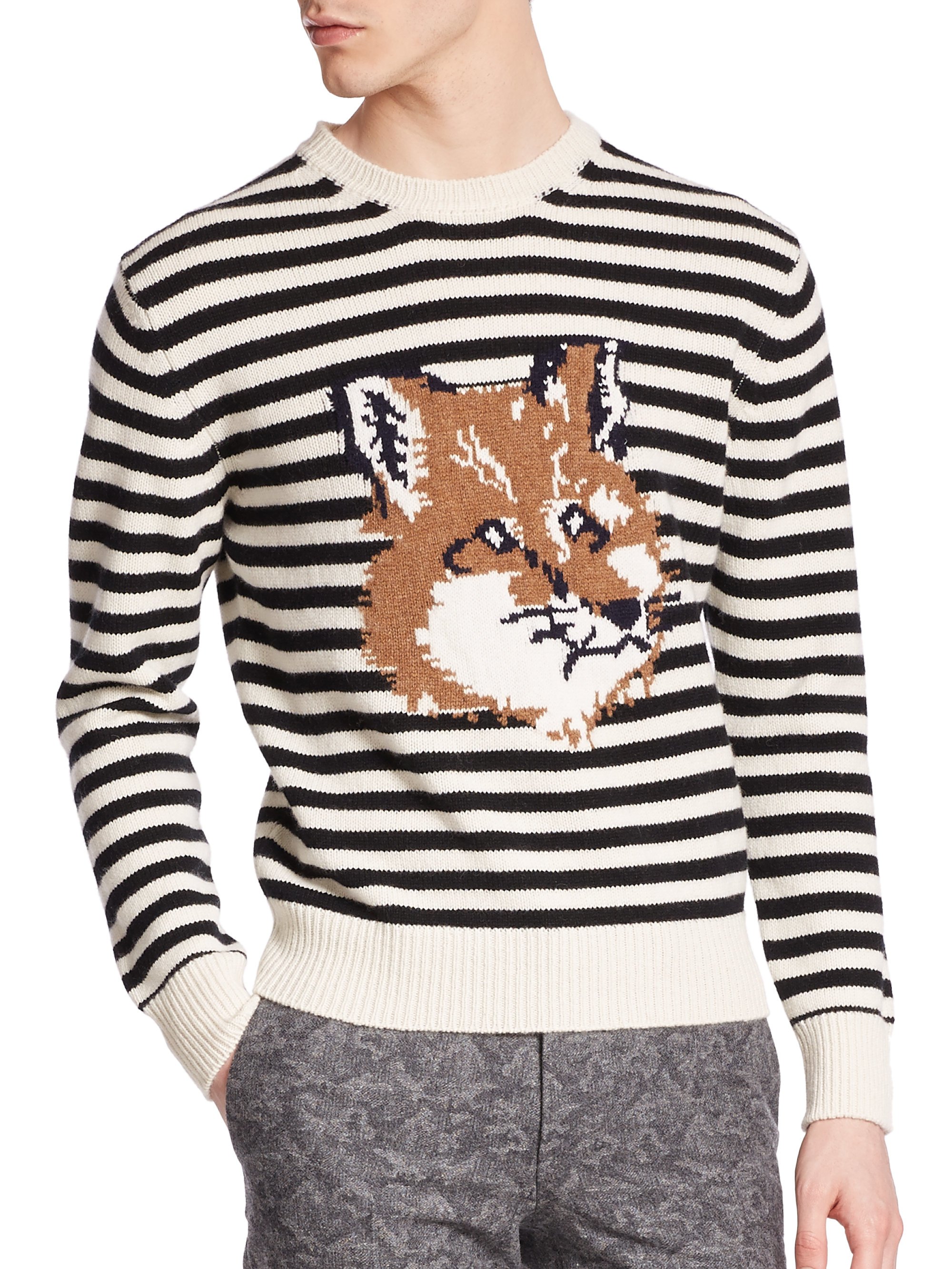 Maison Kitsuné Striped Fox Lambswool Sweater in White-Black (Black) for Men  - Lyst