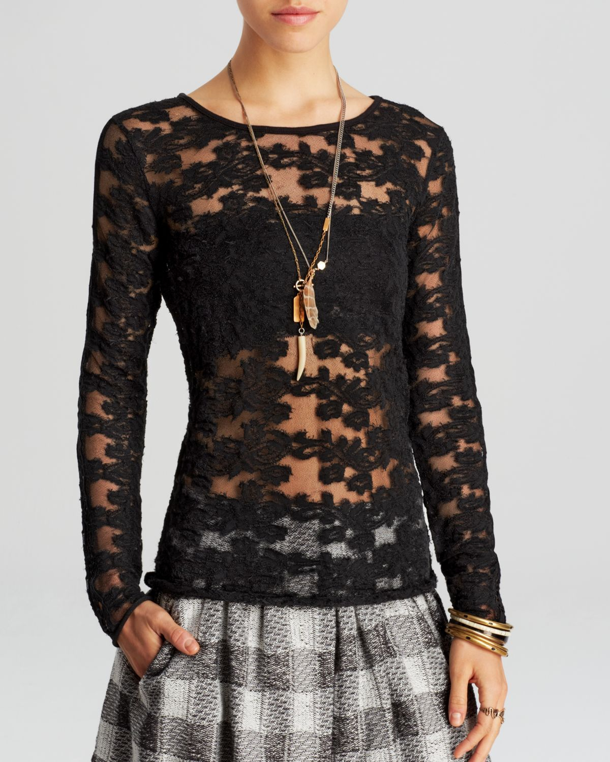 Free People Top Floral Lace Stretch in Black Lyst Free People Top Floral Lace Stretch in Black Lyst