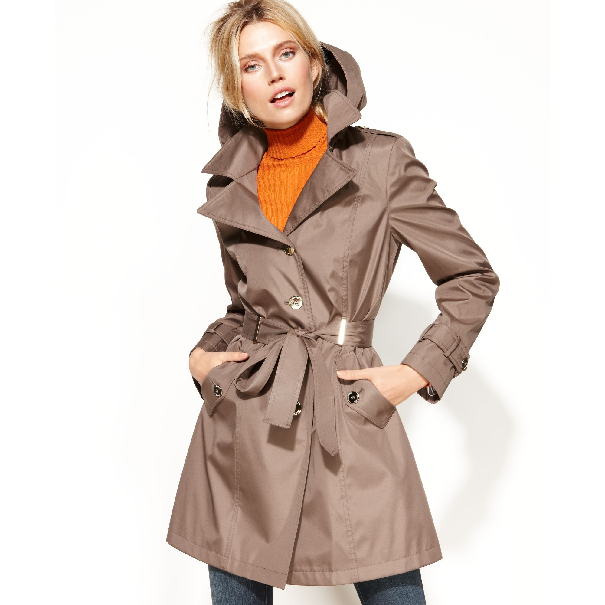 Calvin klein Hooded Belted Trench Coat in Brown (Truffle) | Lyst