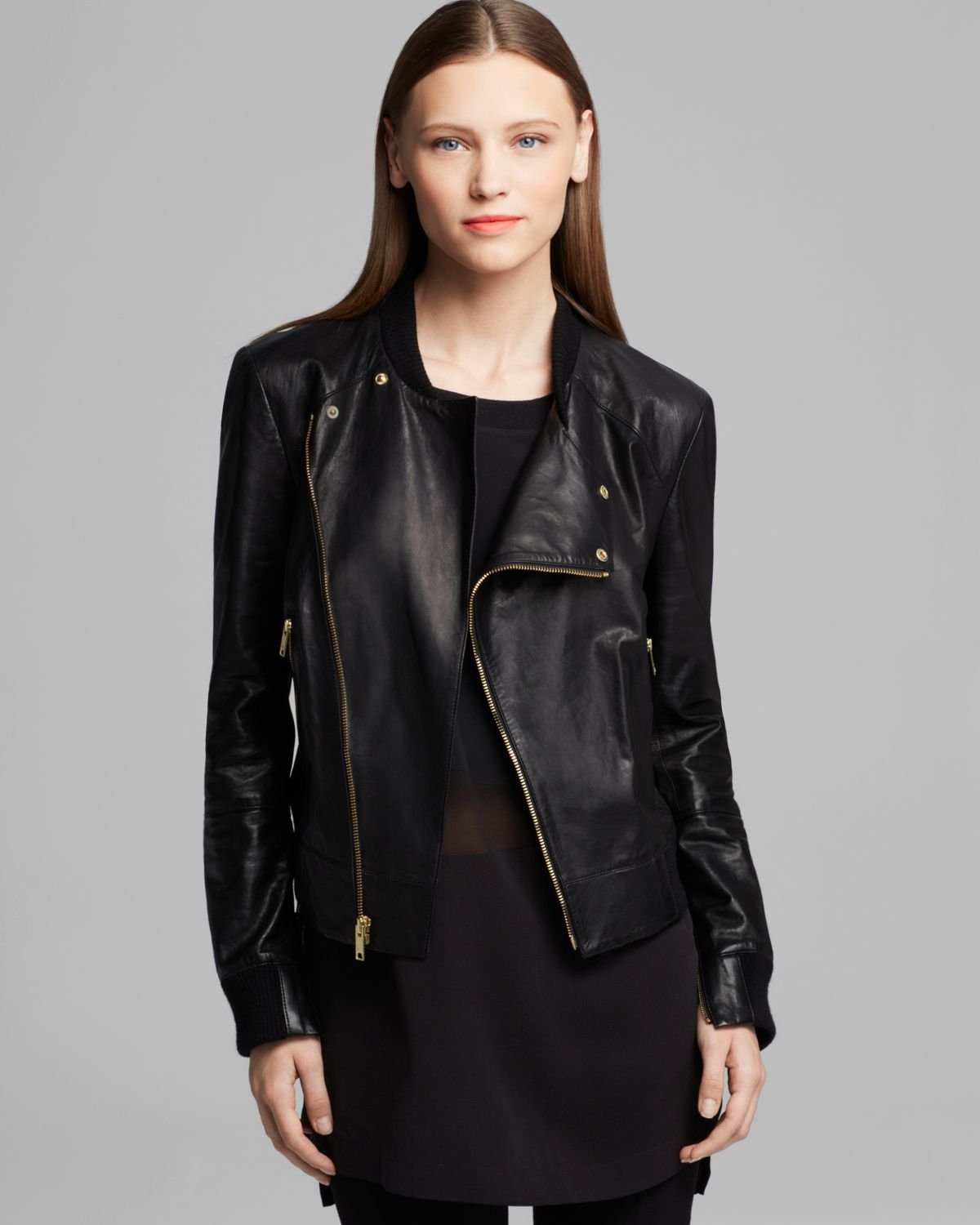 Lyst - Dkny Asymmetrical Zip Front Leather Jacket in Black