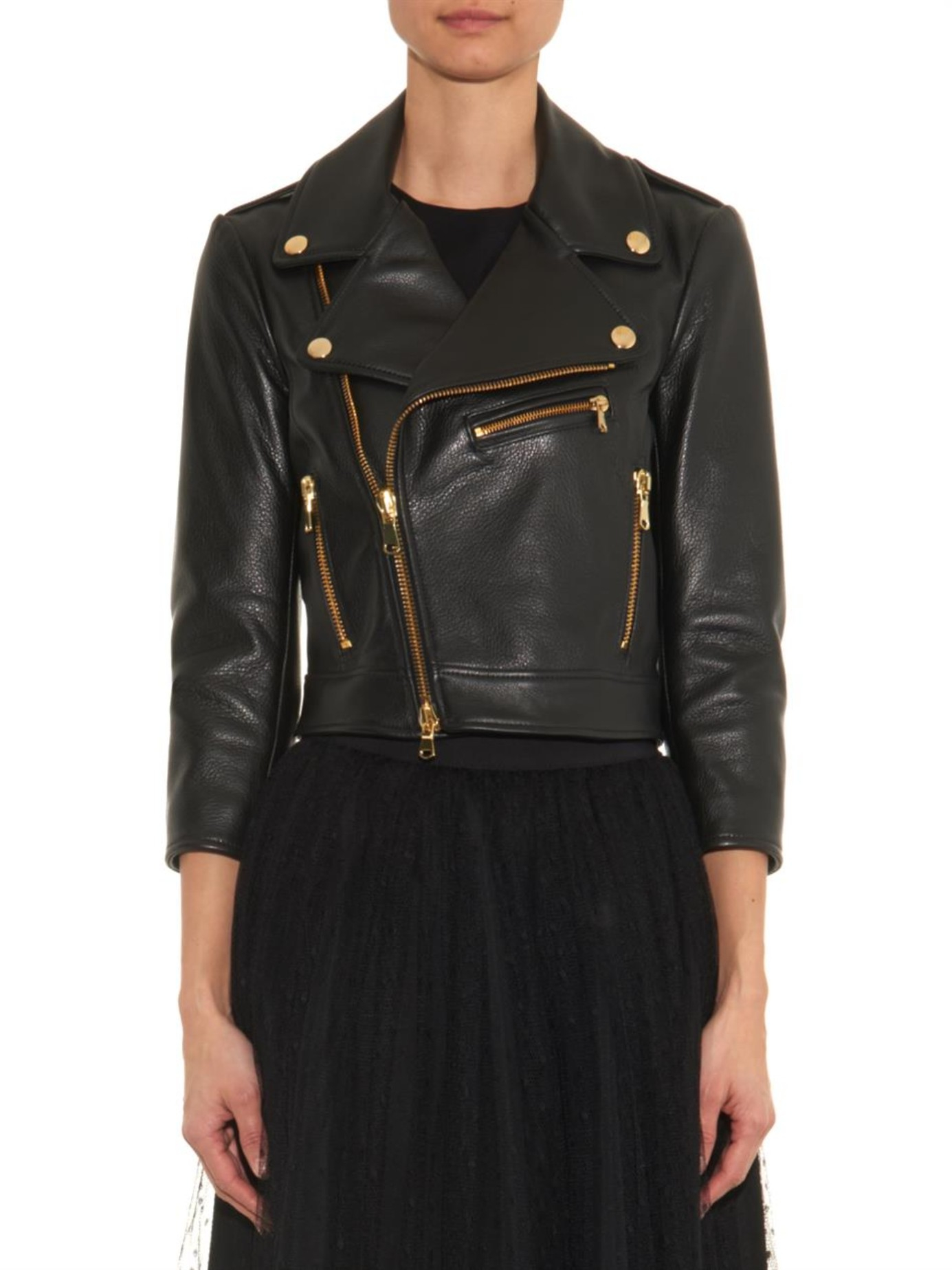 Red Valentino Cropped Leather Biker Jacket In Black Lyst