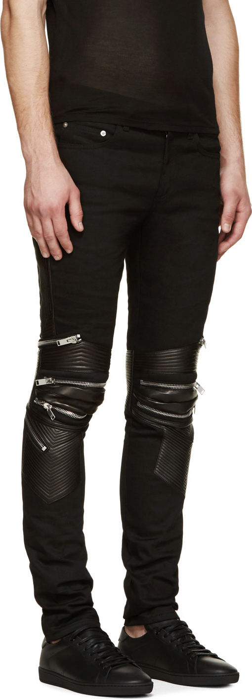 Saint Laurent Biker Zipper-Knee Denim Jeans in Black for Men |