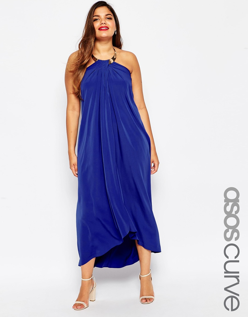 Lyst - Asos Halter Swing Maxi Dress With Gold Necklace in Blue
