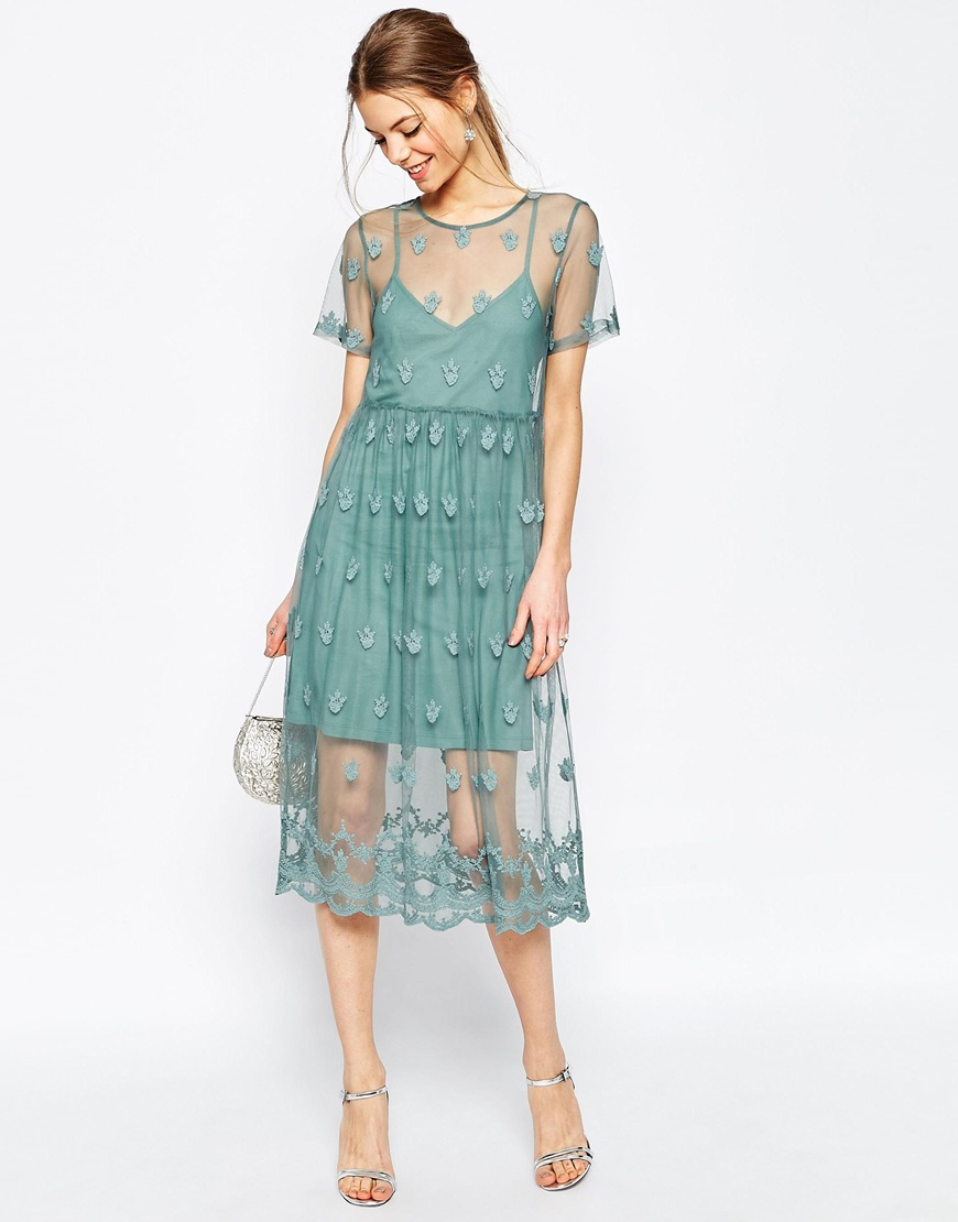  Asos  Pretty Embroidered  Mesh Midi Dress  in Blue Green Lyst