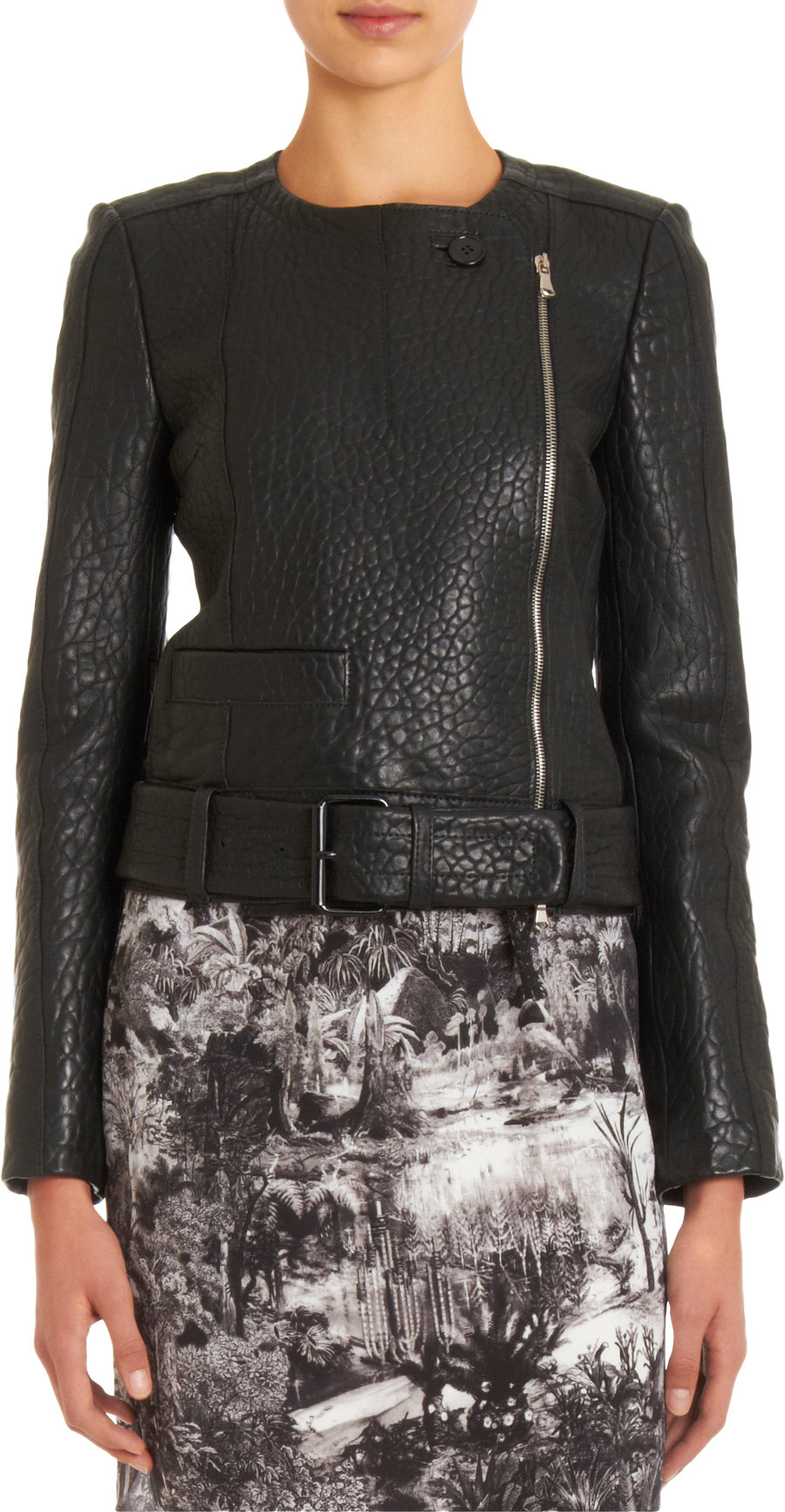 Women S Black Textured Leather Collarless Moto Jacket
